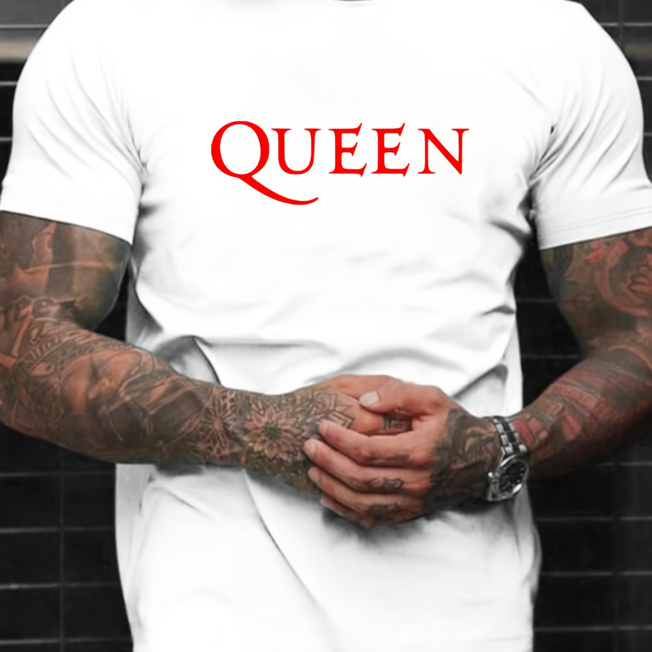 

Men's Casual Crew Neck Graphic T-shirt With Stylish "queen" Print, Versatile Short Sleeve Tee, Street Style
