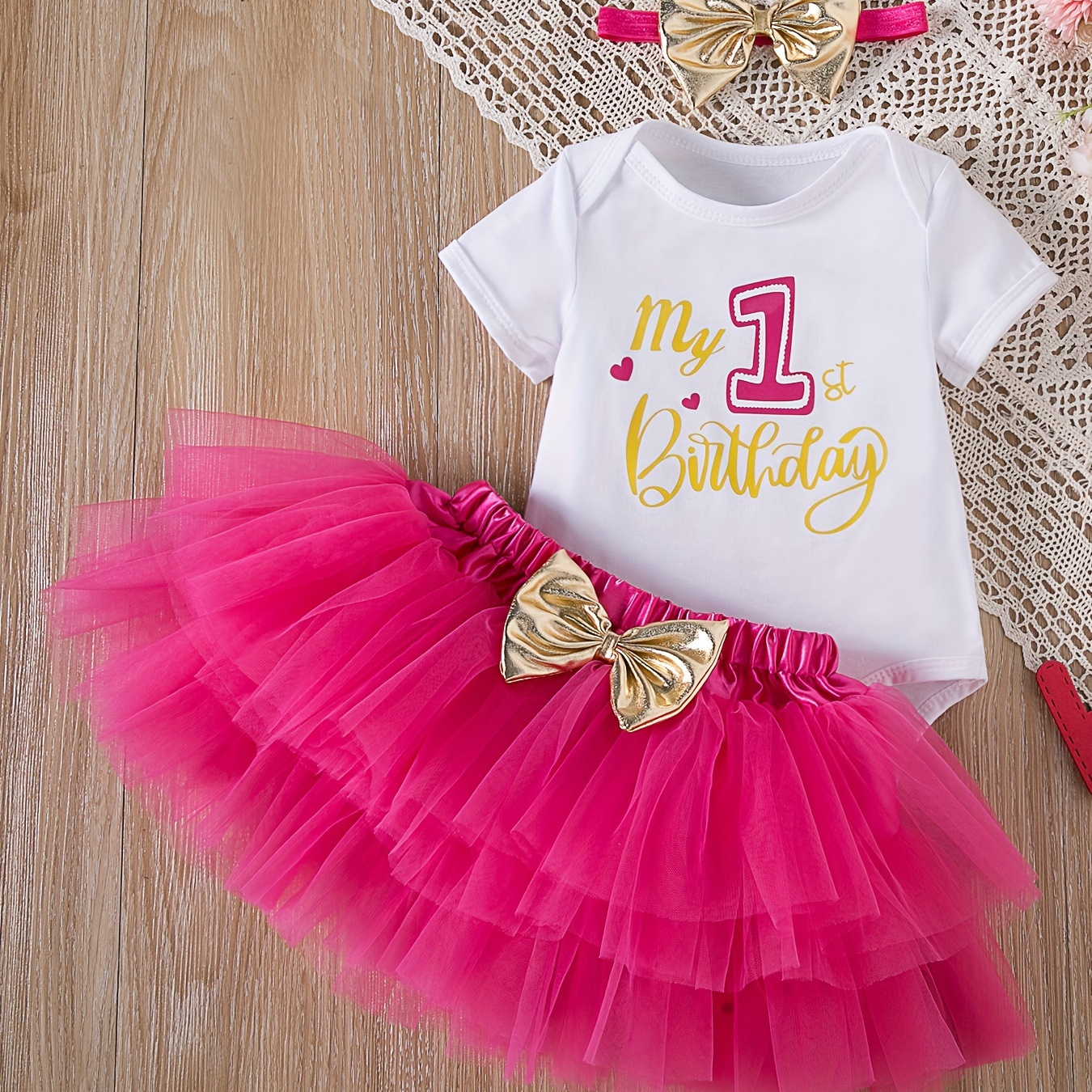 

2pcs Baby Girl's Birthday Dress Set, New Summer Printed Letter A-line Short Sleeved Jumpsuit, Princess Skirt, Hair Accessories Set, Baby's First Birthday Party Dress