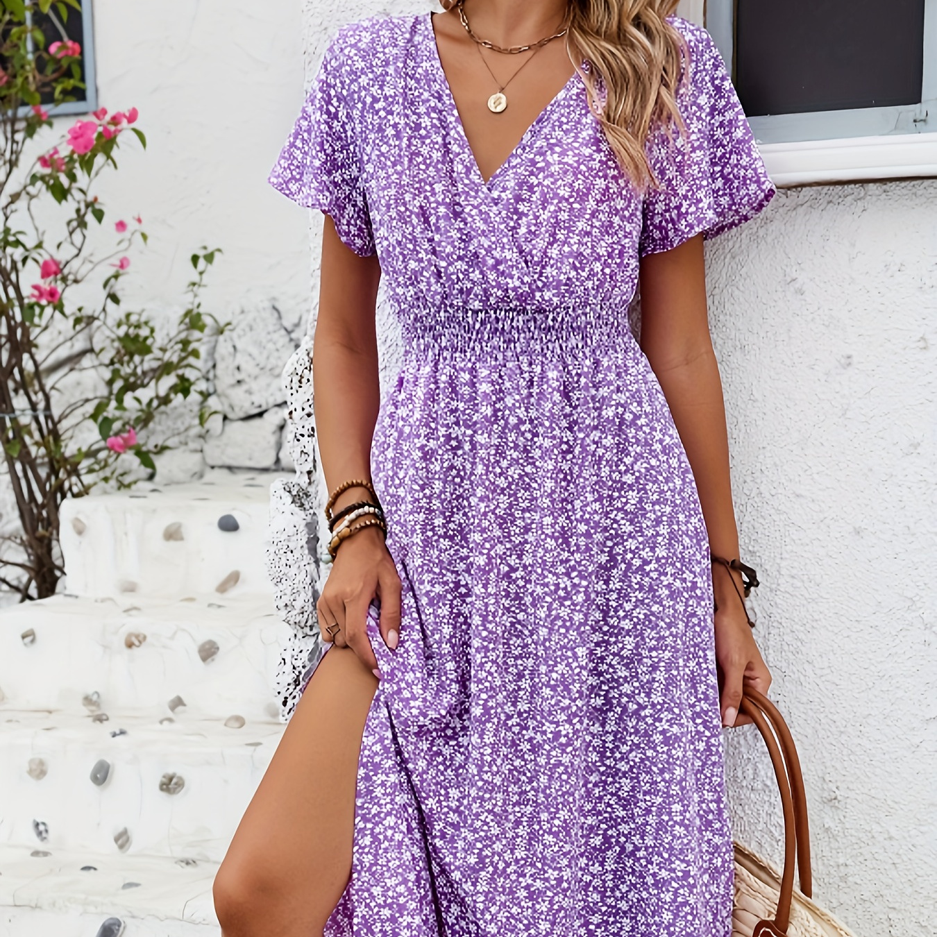 

Floral Print Butterfly Sleeve Dress, Elegant V Neck Split Dress For Spring & Summer, Women's Clothing