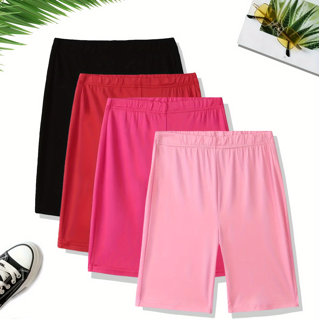 

4pcs, Women's Casual Plus Size Athletic Shorts, Breathable Stretch Knit, Solid Color