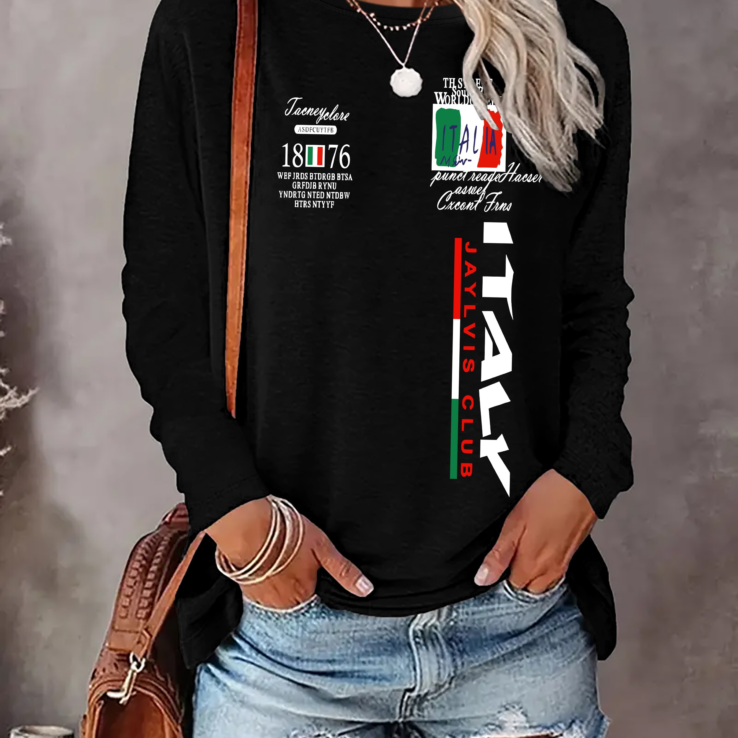 

Italy Print T-shirt, Long Sleeve Crew Neck Casual Top For Spring & Fall, Women's Clothing