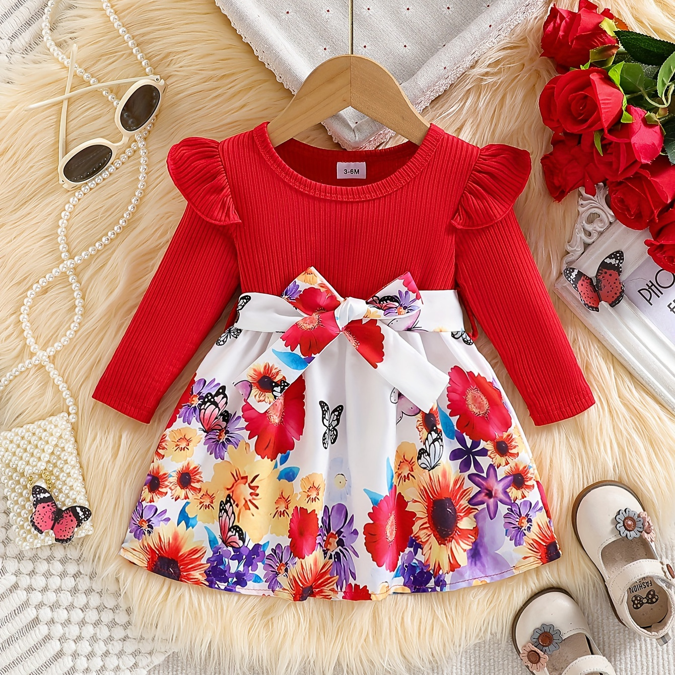 

Baby's Colorful Flower Butterfly Pattern Long Sleeve Belted Dress, Infant & Toddler Girl's Dress For Daily Wear/holiday/party, As Gift