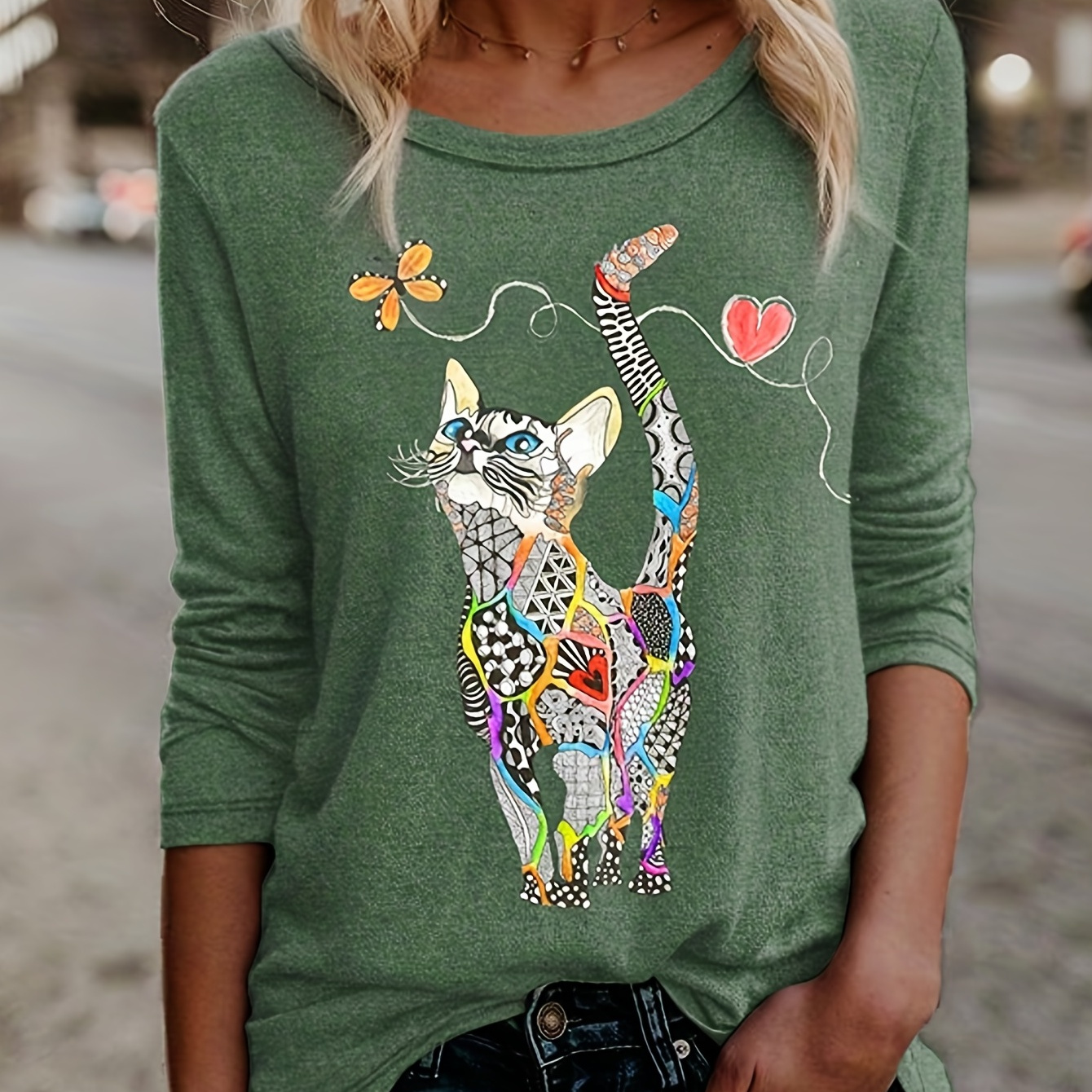

Cat Neck T-shirt, Casual Long Sleeve T-shirt For Spring & Fall, Women's Clothing