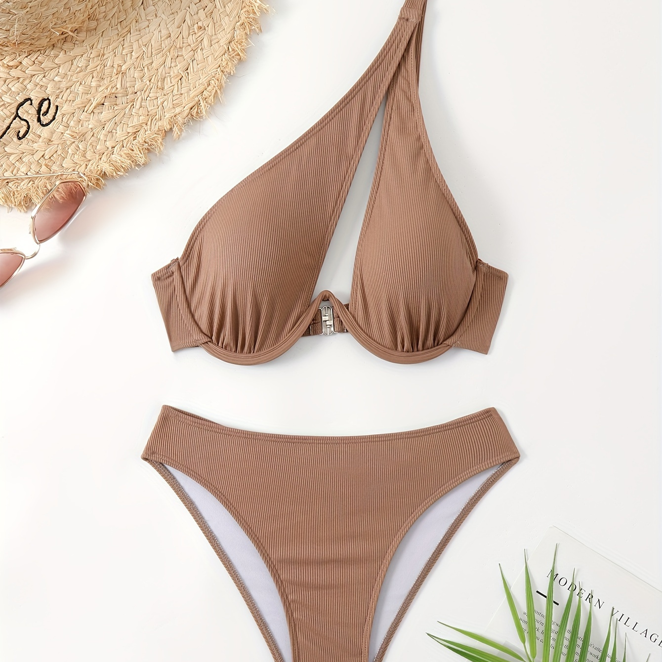 

Solid Color Asymmetrical 2 Piece Set Bikini, 1 Shoulder High Cut Swimsuits, Women's Swimwear & Clothing