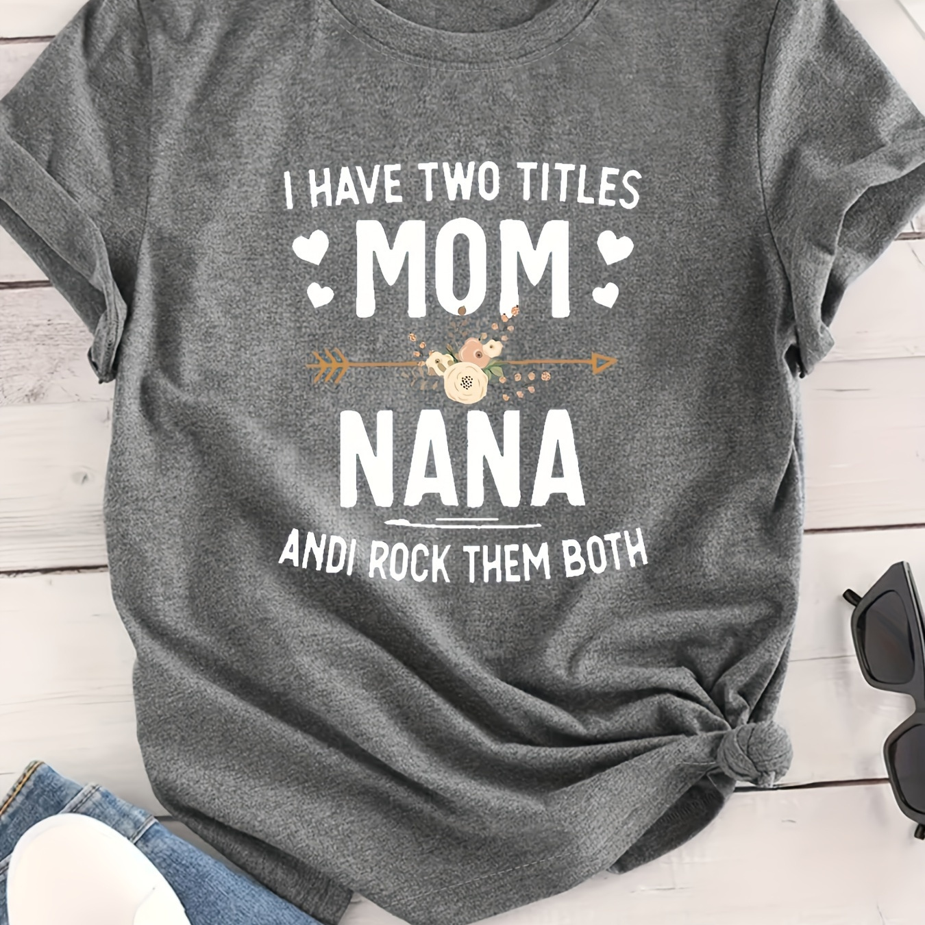 

Mom Nana Print Crew Neck T-shirt, Casual Short Sleeve Top For Spring & Summer, Women's Clothing