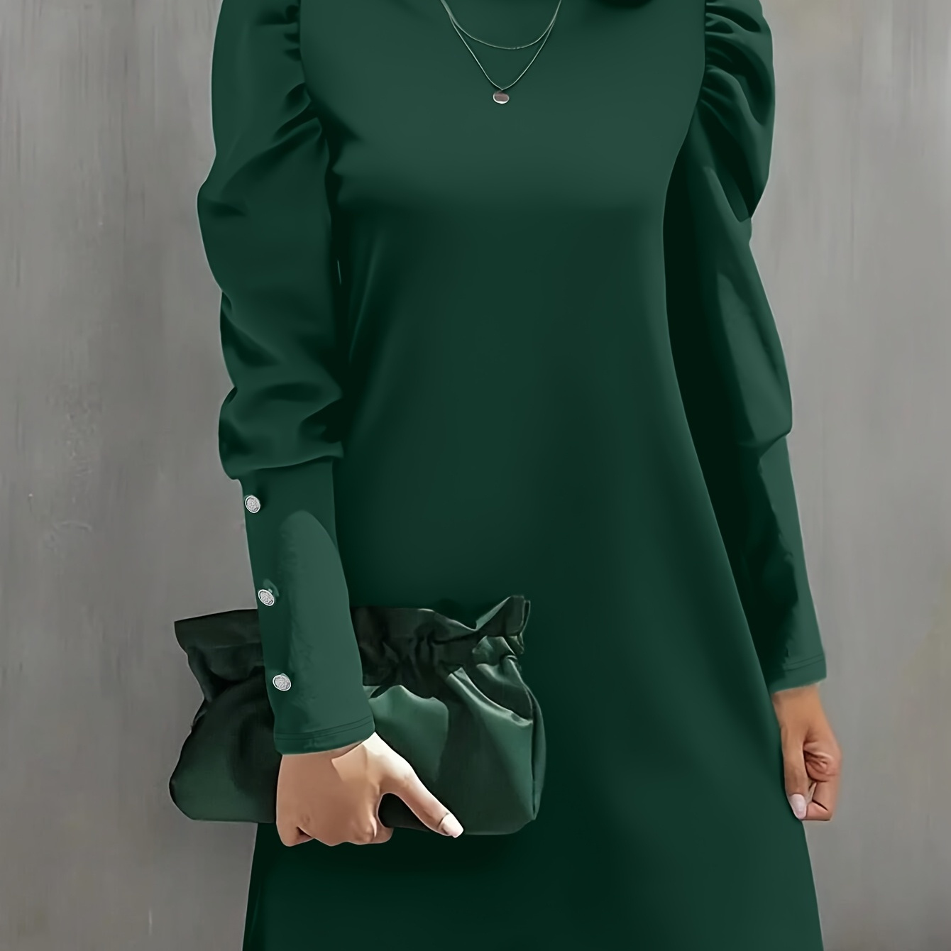 

Elegant Solid Color Tunic Dress For Women, Crew Neck, Long Sleeve, Polyester Knit Fabric With Spandex, With Button Detail, For Fall/winter