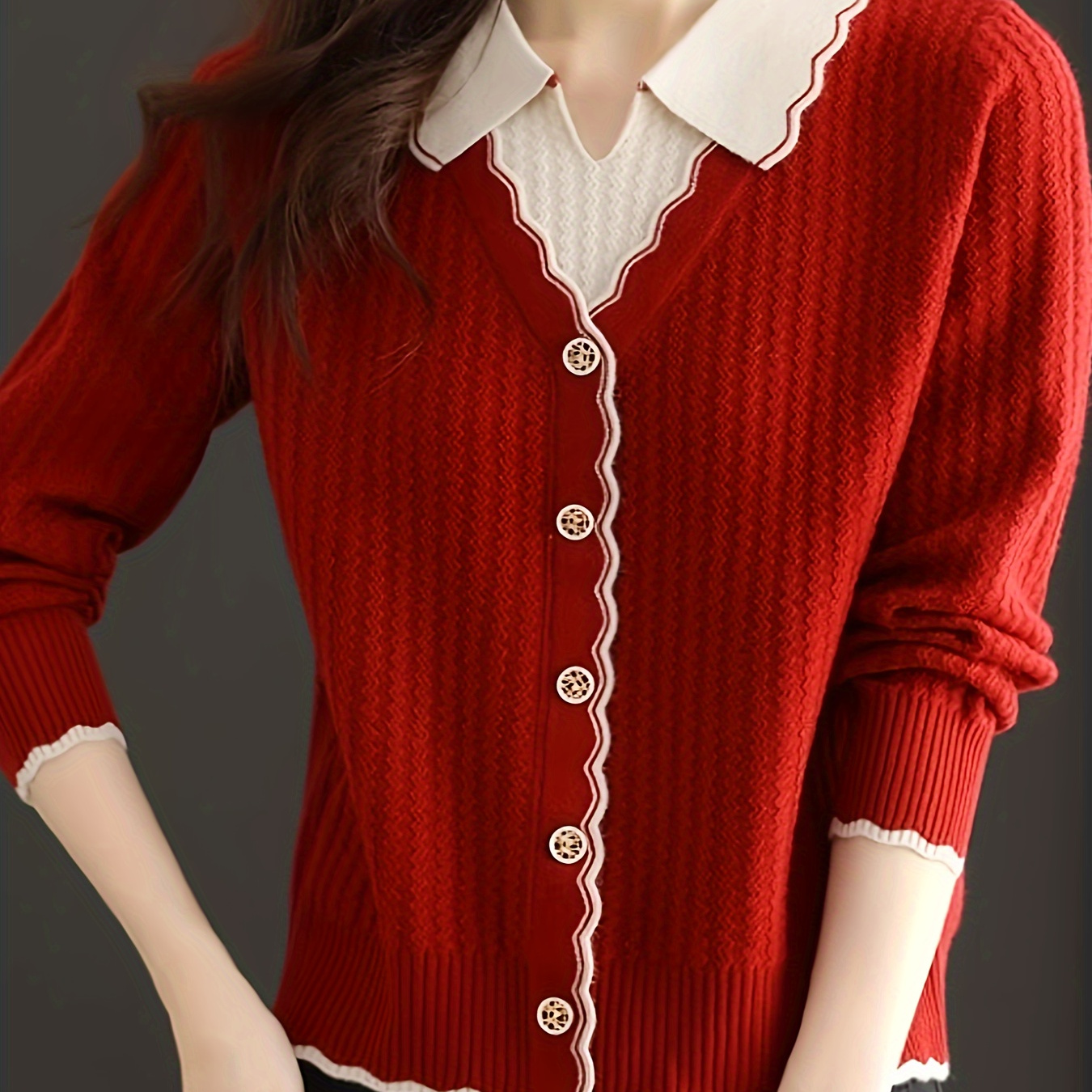 

Color Block Botton Front Sweater, Stylish Contrast Trim Long Sleeve Sweater For Fall & Winter, Women's Clothing