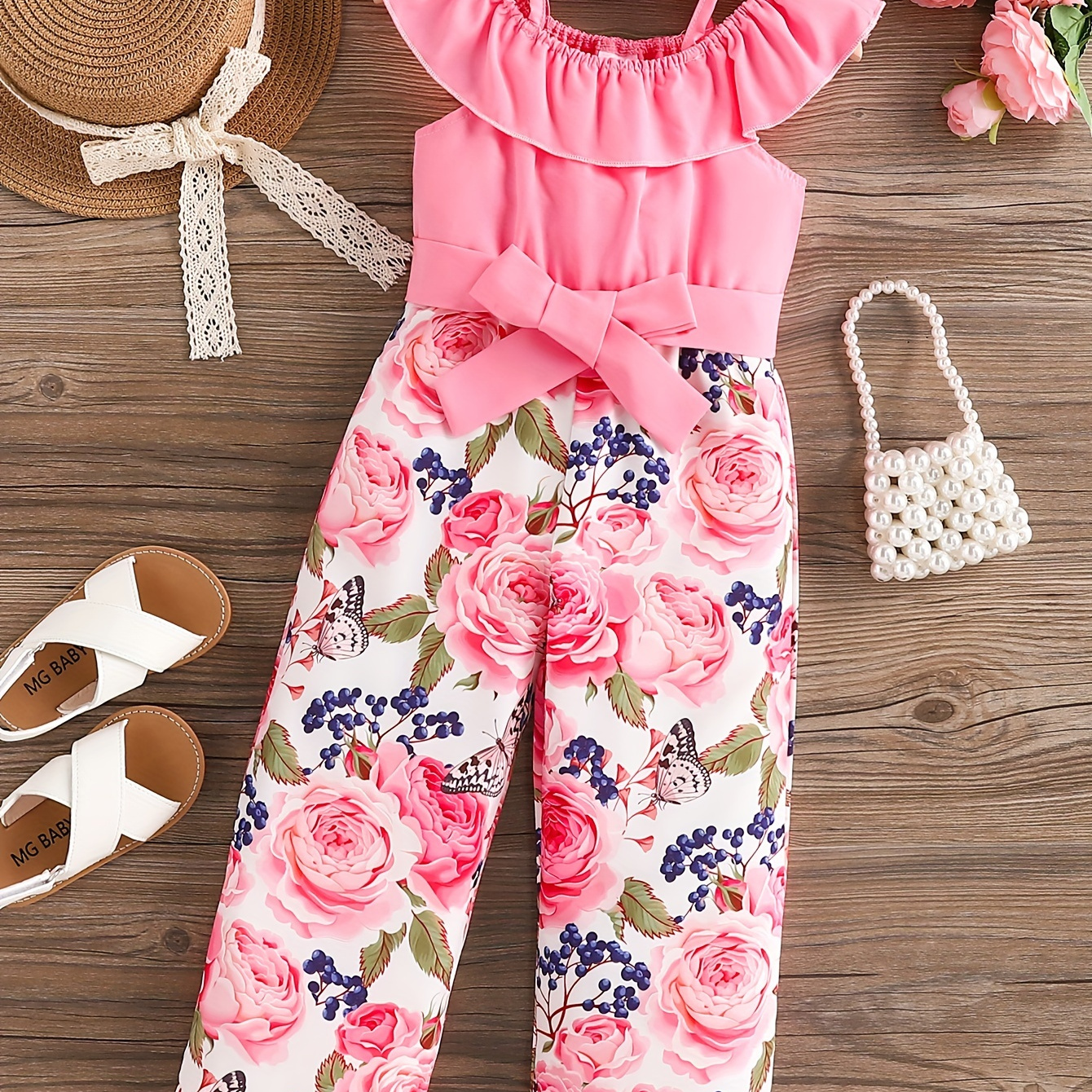 

Girl's Hem Floral Patchwork 1pc Jumpsuit, Capris Length, Elegant & Fashion Romper For Everyday Vacation Outfit