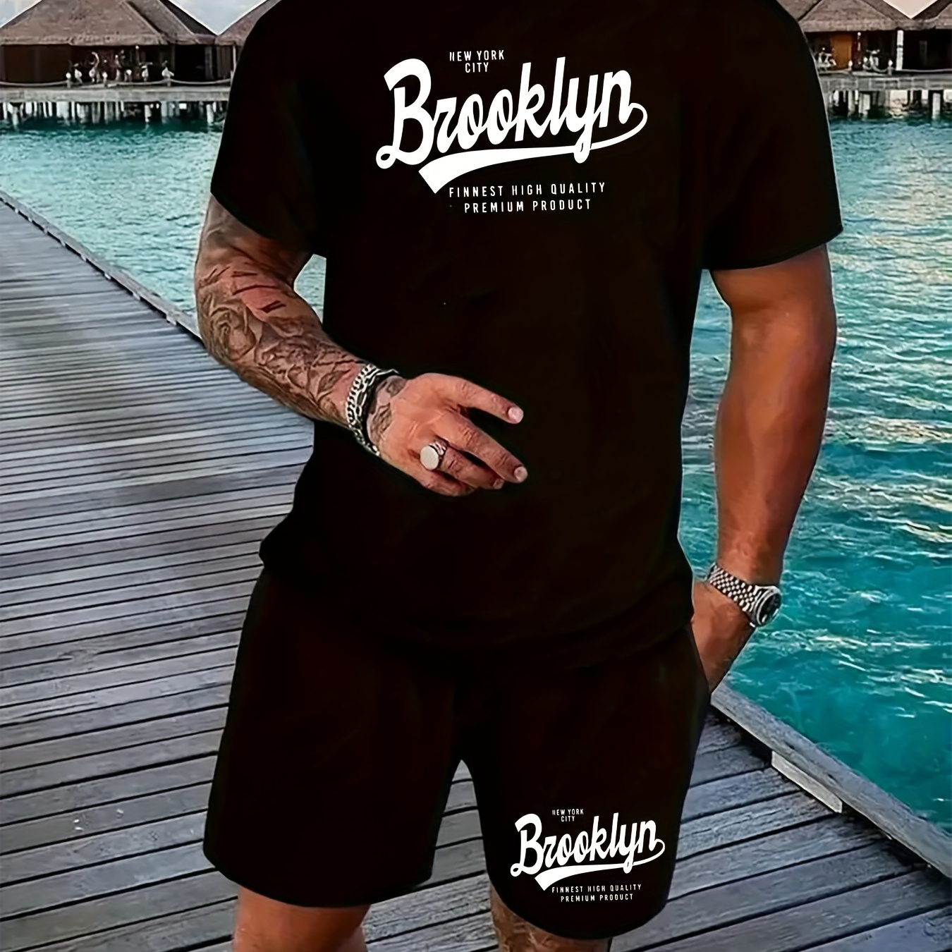 

2pcs Summer Outfits For Men, Men's Casual Streetwear T-shirt And Shorts With Drawstring Set, " Brooklyn " Print, Comfortable Fit