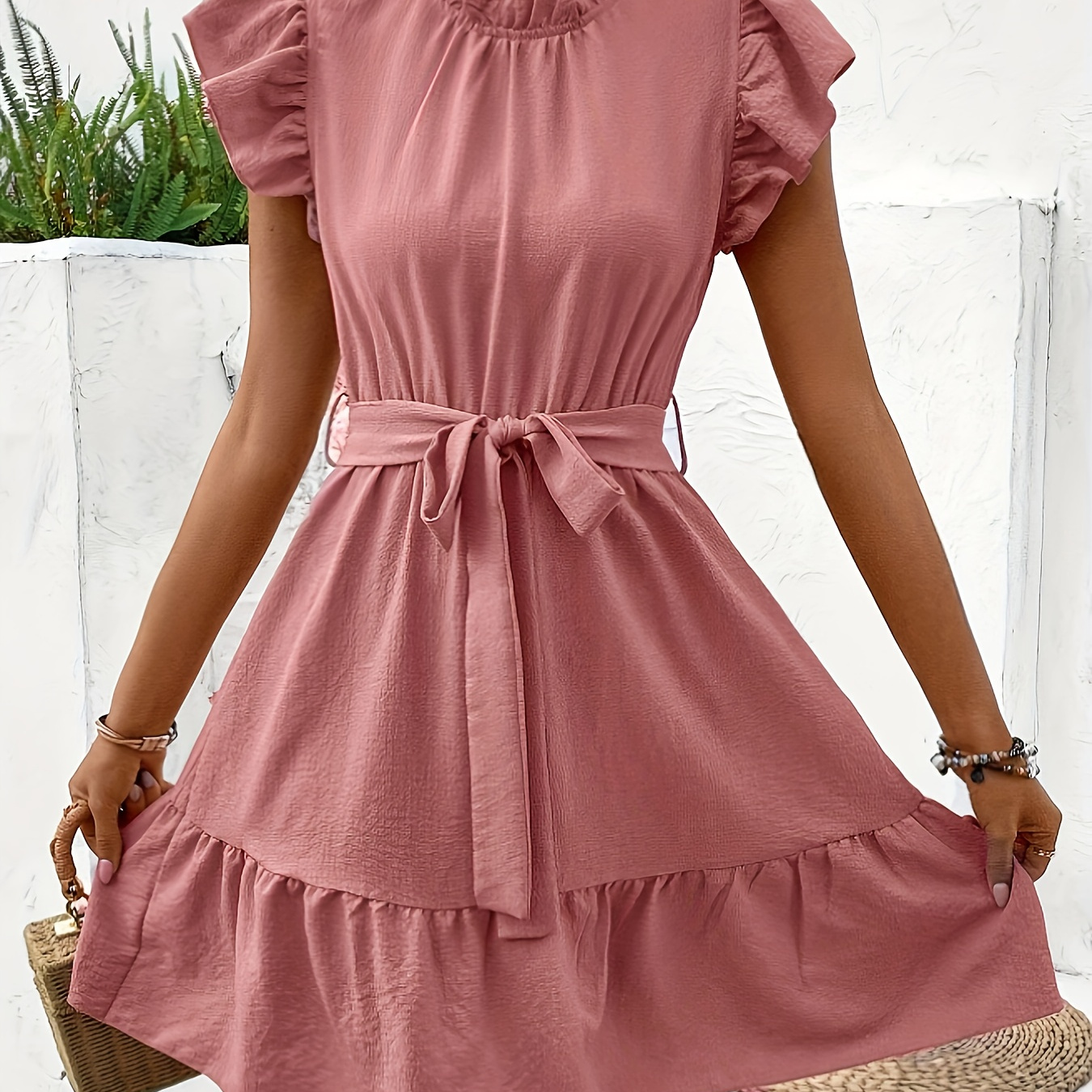 

Solid Ruffle Trim Belted Dress, Elegant Solid Color Swing Dress For Spring & Summer, Women's Clothing