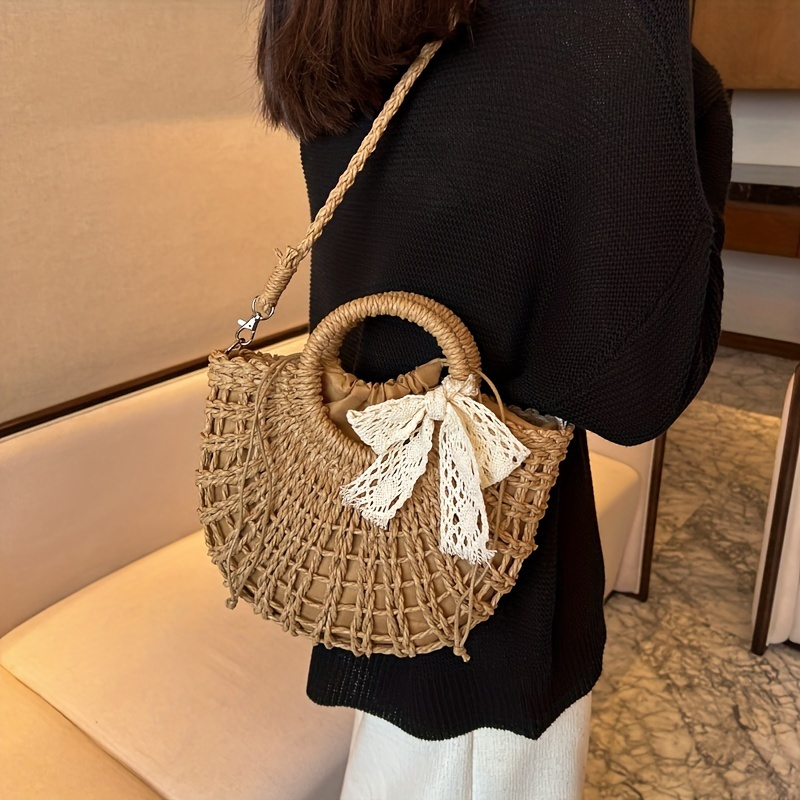 Bow Decor Straw Bag, Summer Beach Handbag, Women's Rattan Woven