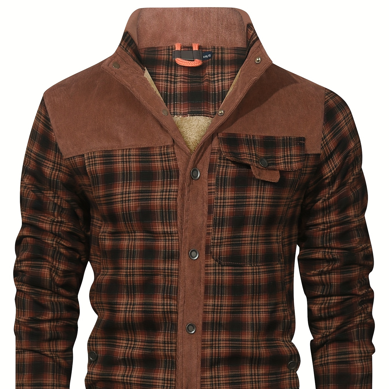 

Men's Fleece-lined Jacket - Warm Stand Collar, Long Sleeve, Button-up Shacket With Pockets For Casual And Outdoor Wear