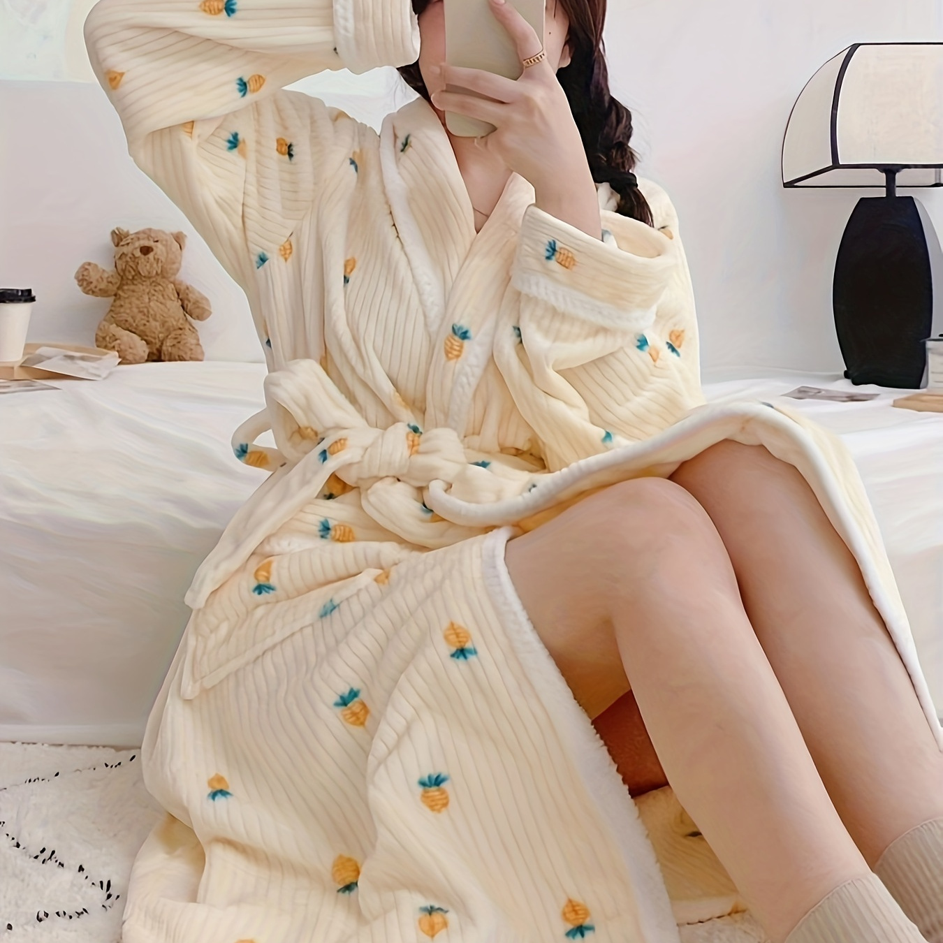 

Cute Pattern Ribbed Fleece Thickened Night Robe For Fall & Winter, Long Sleeve Lapel Collar Robe With Pockets, Women's Sleepwear & Dresses