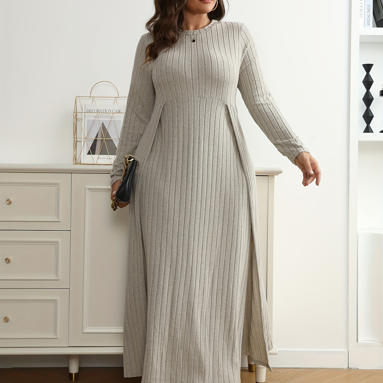 

Size Ribbed Knit Dress With Side Slit - Long Sleeve, Round Neck, Stretchy Fabric, Machine Washable - Chic Gray For Spring/fall, Plus Size Casual Dress