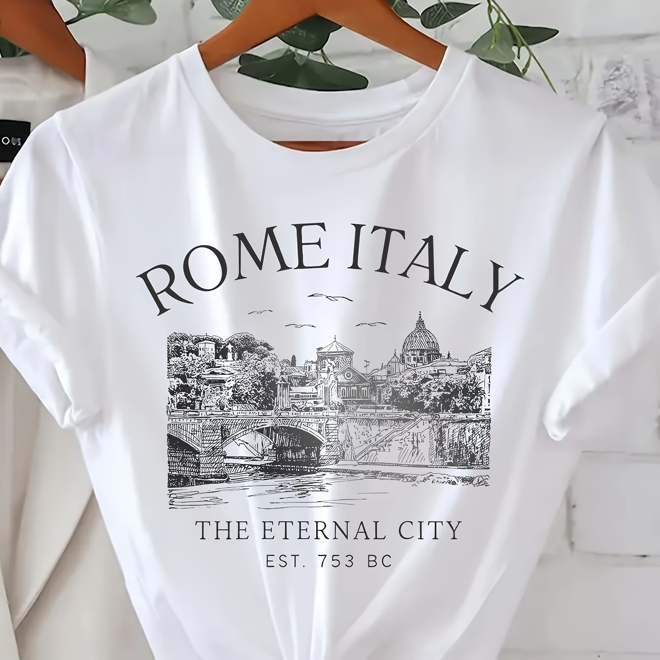 

Rome Italy Letter Print T-shirt, Short Sleeve Crew Neck Casual Top For Summer & Spring, Women's Clothing