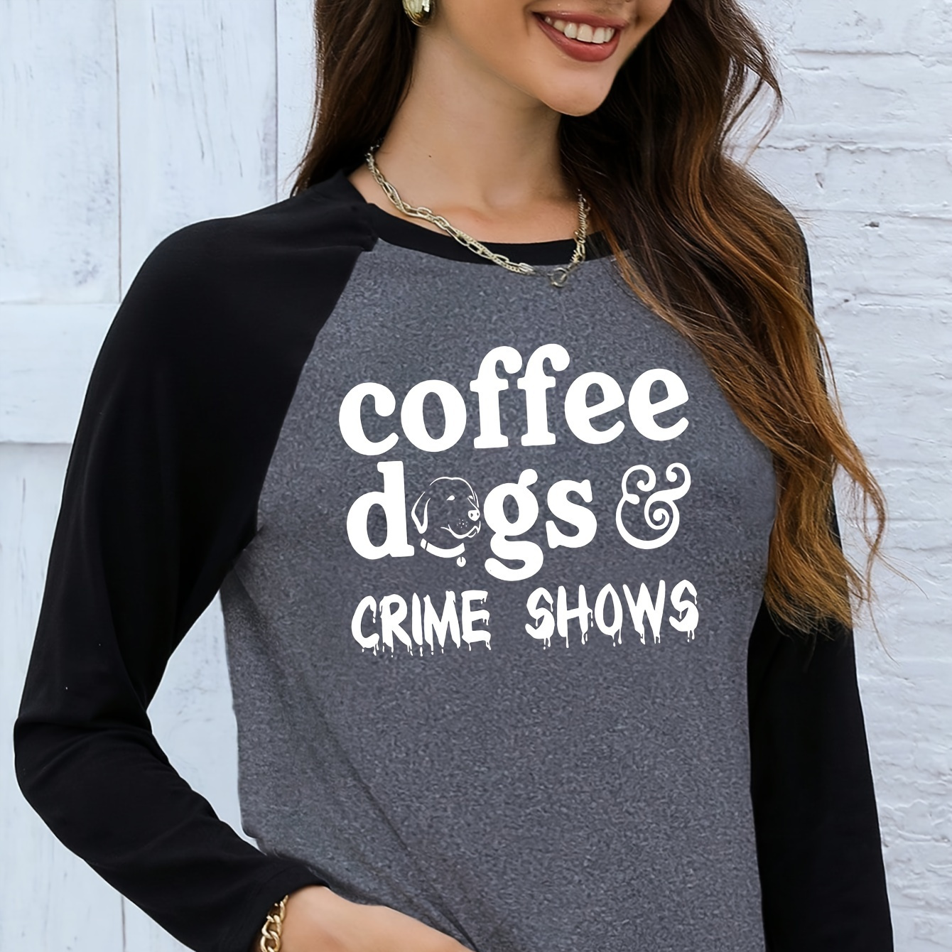 

Coffee Dog Print Raglan Sleeve T-shirt, Casual Crew Neck Color Block Long Sleeve Top For Spring & Fall, Women's Clothing