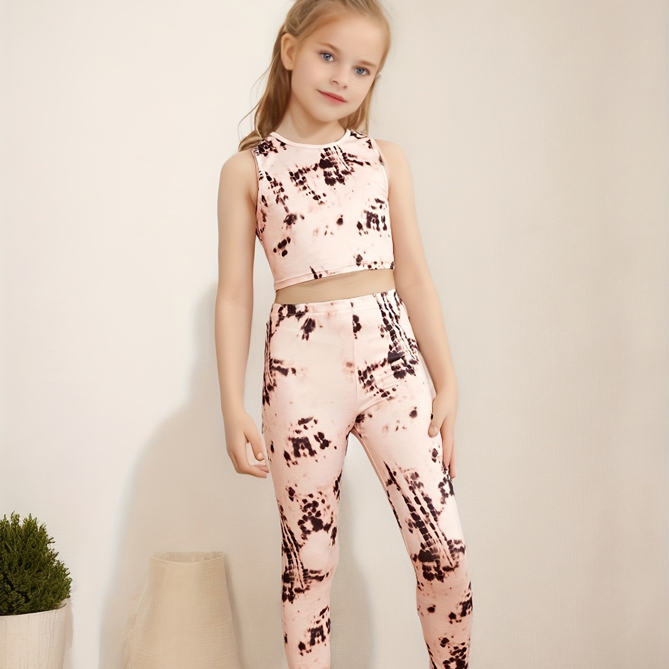 

Girls 2pcs Trendy Cropped Sleeveless Top + Pants Set Outdoor Everyday Gift Summer