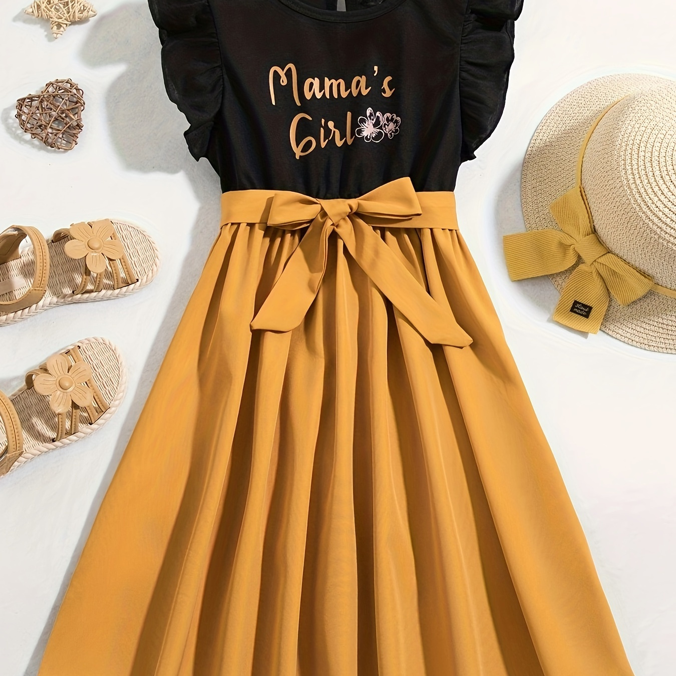 

''mama's Girl'' Spliced Frill Sleeve Dress For Girls Holiday