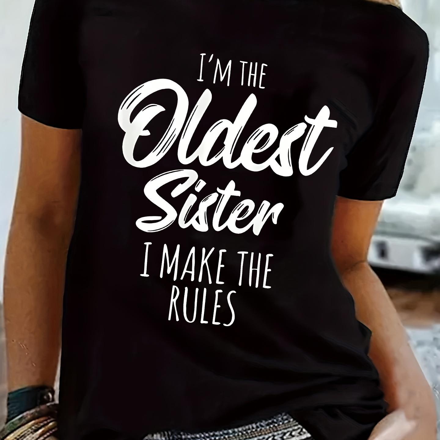 

Oldest Sister Letter Print T-shirt, Casual Crew Neck Short Sleeve Top For , Women's Clothing