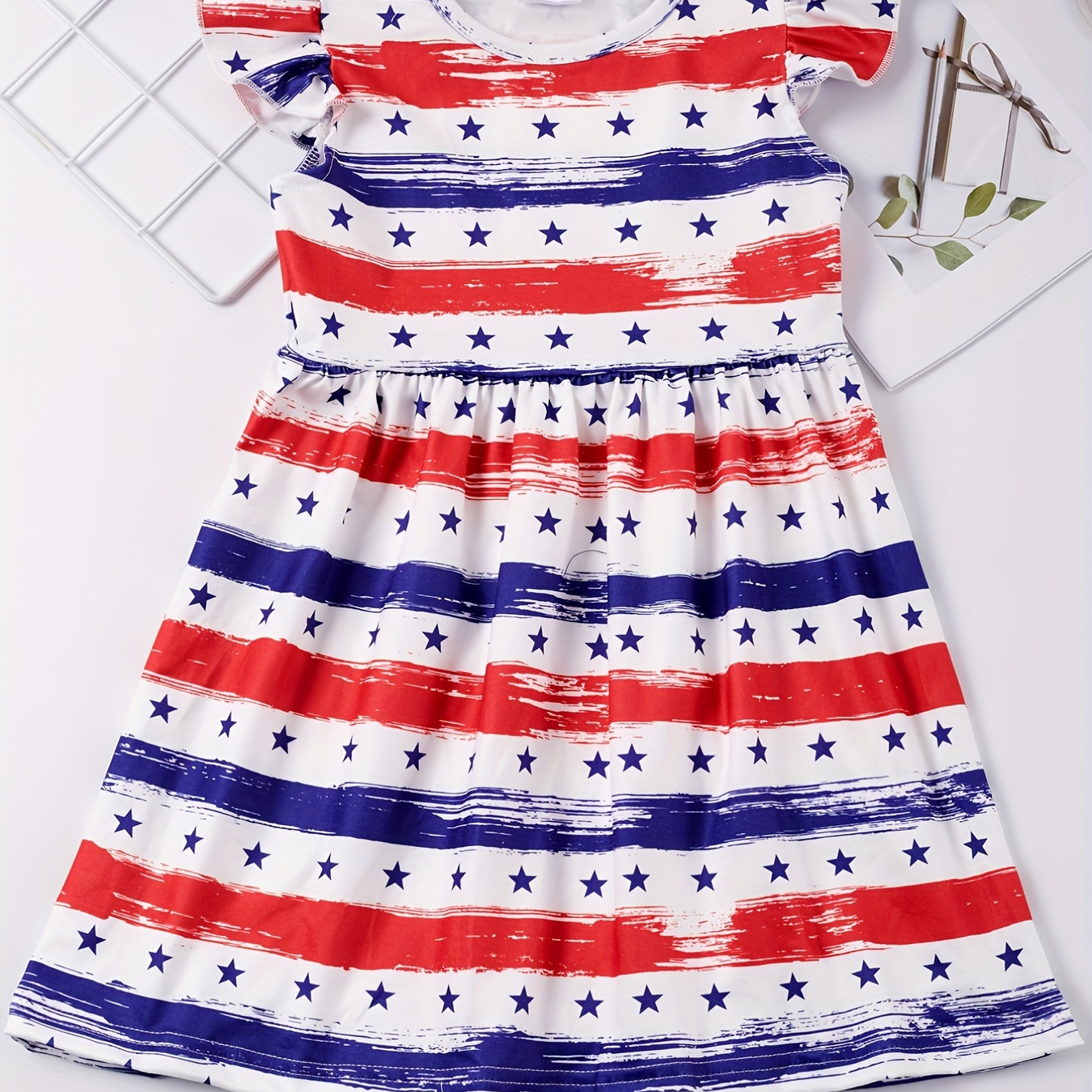 

Toddler Girls Sleeves Colorful Striped Star Graphic Stretch Casual Dress For Independence Day Party Kids Summer Clothes