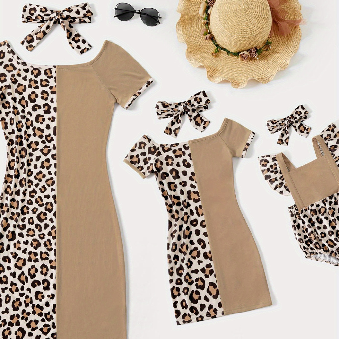 Leopard Print Splice Short-sleeve Matching Pink Midi Dresses