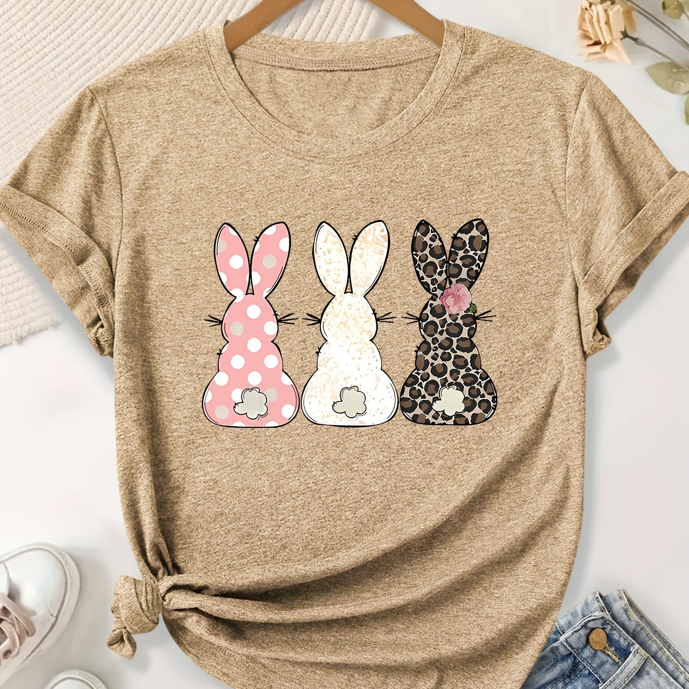 

Women's Easter Bunny Ear T-shirt - Vintage Leopard & Polka Dot Rabbit Print, Round Neck Short Sleeve Top, Stretchy Polyester , Machine Washable, Graphic Tee|vintage Style Tee| Fabric Shirt