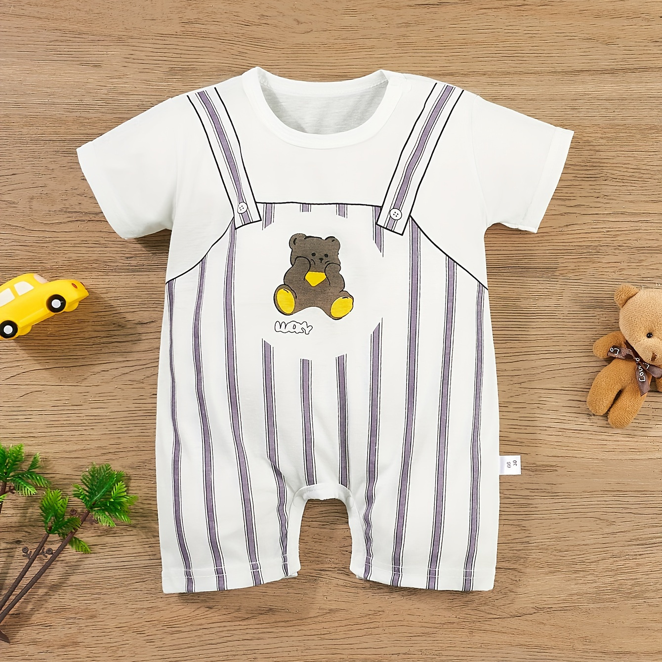 

Infant's Fake Two-piece Bear Print Striped Bodysuit, Comfy Cute Short Sleeve Onesie, Baby Boy's Clothing