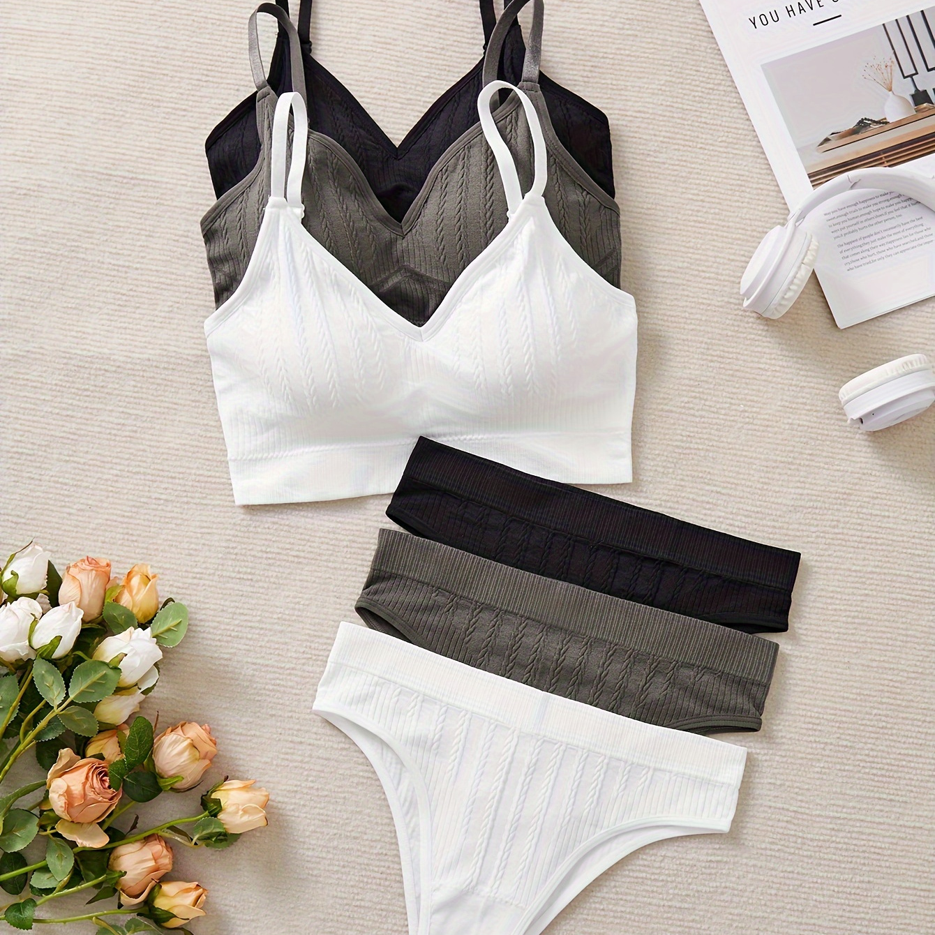 

3 ensembles de lingerie simple, soutien-gorge et culotte sans couture jacquard sans fil, lingerie et sous-vêtements pour femmes