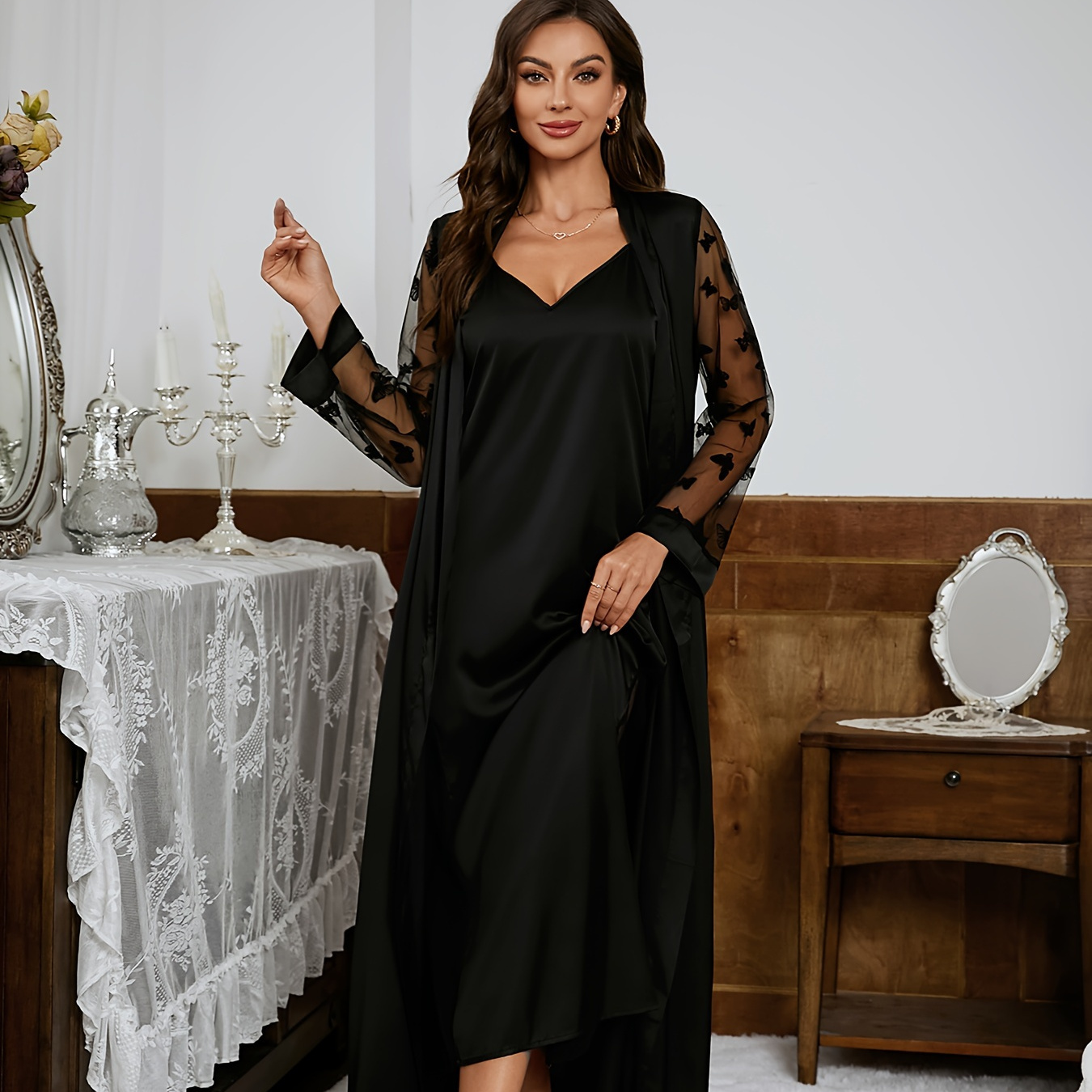 

Women's Elegant Butterfly Embroidery Stitching Mesh Pajama Set, Long Sleeve Longline Robe & V Neck Slip Dress, Comfortable Relaxed Fit