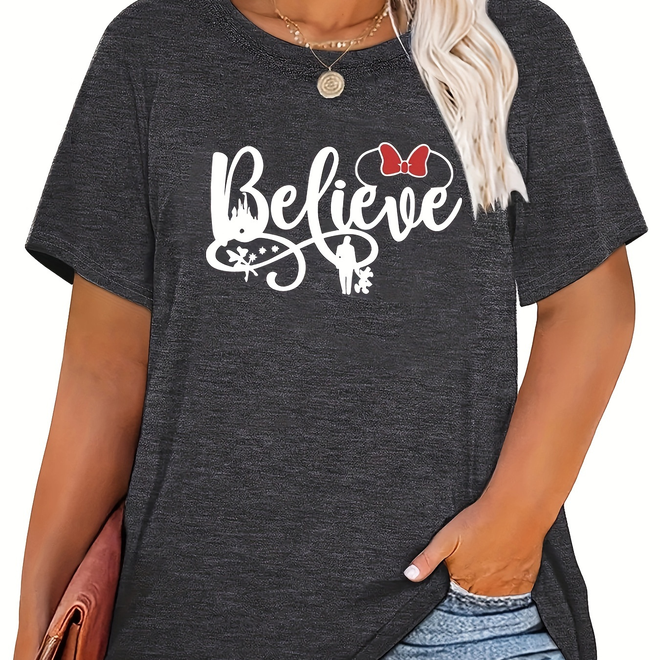 

Plus Size Believe Print T-shirt, Casual Crew Neck Short Sleeve T-shirt, Women's Plus Size clothing