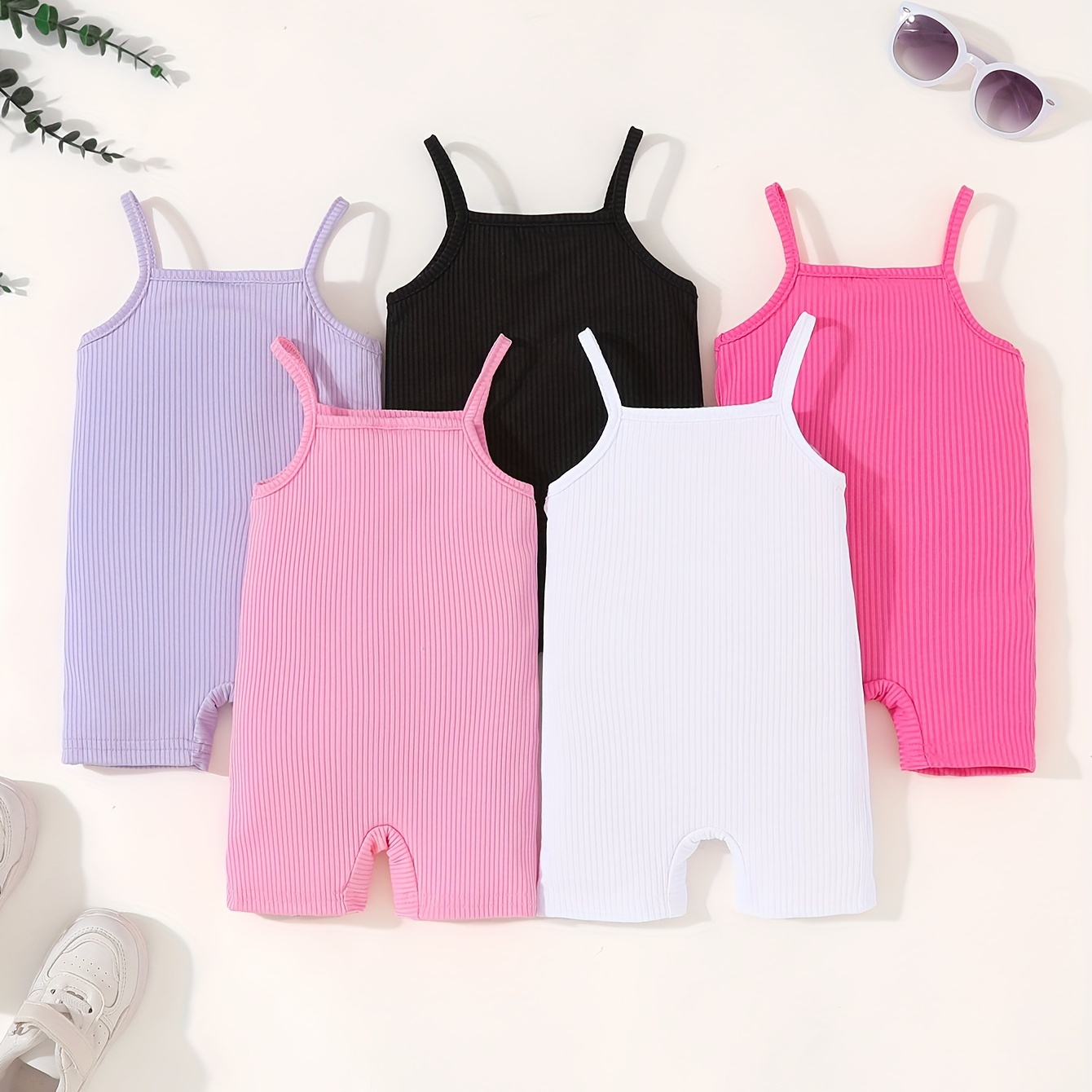 

5pcs Baby's Solid Color Ribbed Bodysuit, Casual Sleeveless Romper, Toddler & Infant Girl's Onesie For Summer, As Gift
