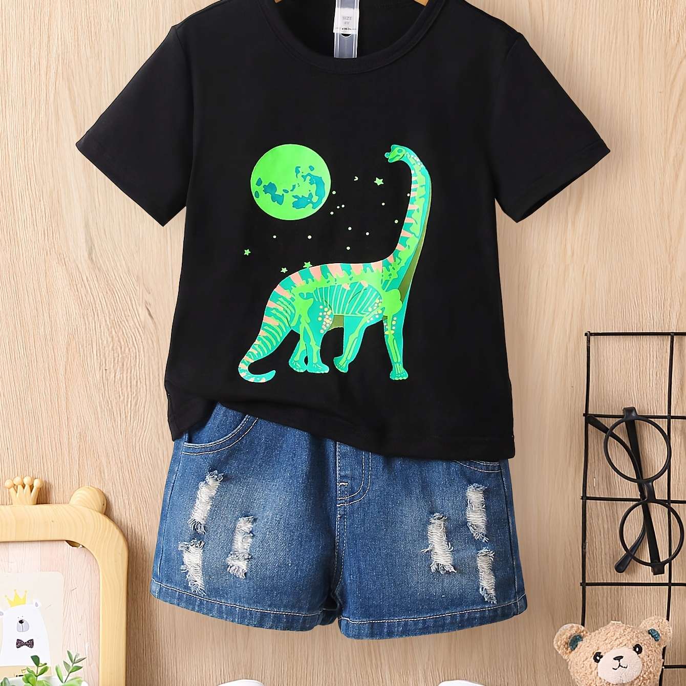 

Cartoon Dinosaur And Planet Print, Boy's Round Neck Casual Short Sleeve T-shirt, Comfortable Soft Versatile Top