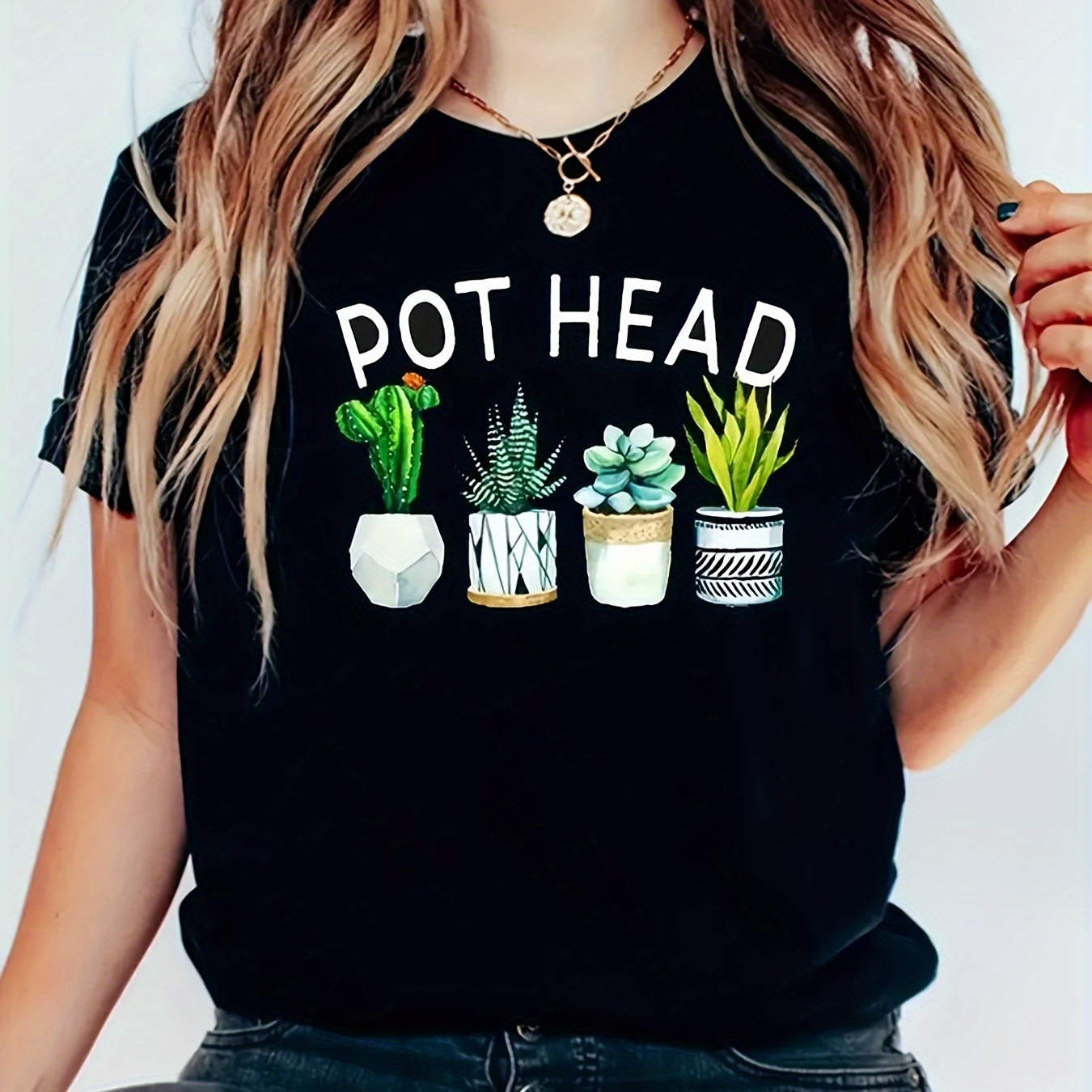 

Plus Size Potted Plant & Letter Print T-shirt, Casual Short Sleeve Top For Spring & Summer, Women's Plus Size Clothing