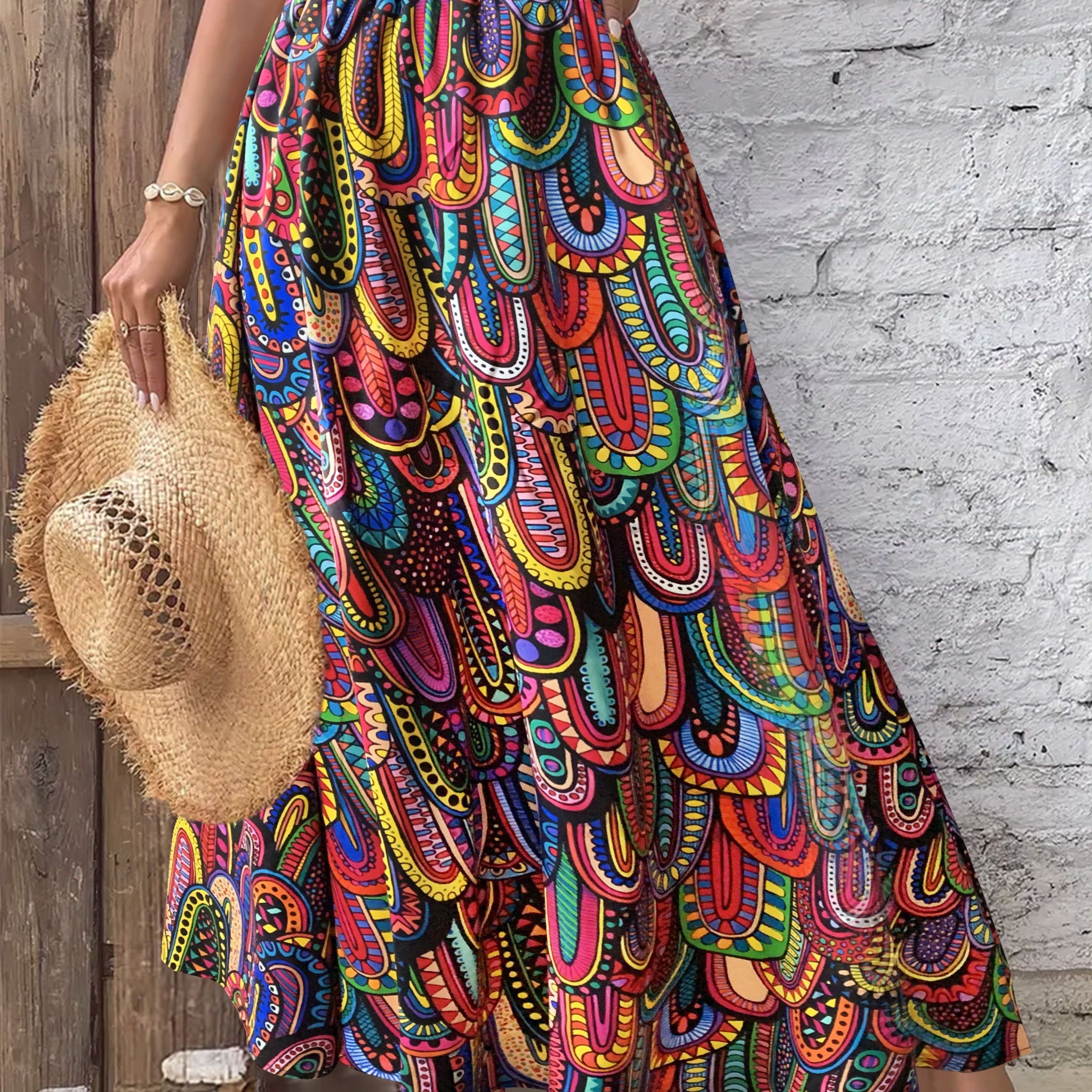 

Bohemian , Women's Skirt - Paisley Print, High-waist, Wide Leg, Machine Washable - Vacation