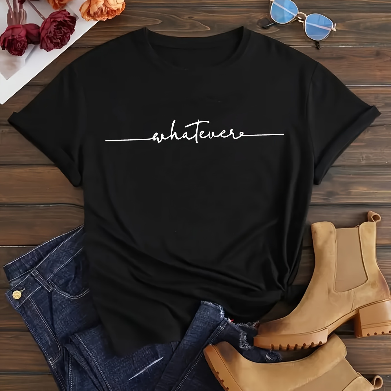 

Women's Casual "whatever" Slogan Fashion T-shirt, Short Sleeve Sporty Top, Relaxed Fit