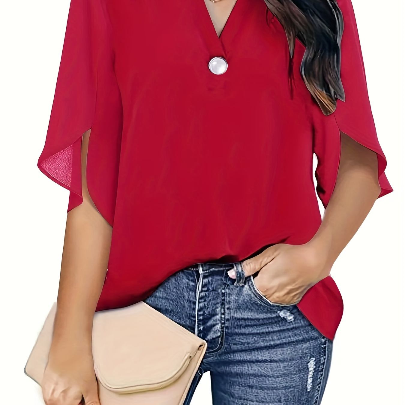 

Plus Size Elegant Top, Women's Plus Plain Button Decor Half Sleeve V Neck Slight Stretch T-shirt