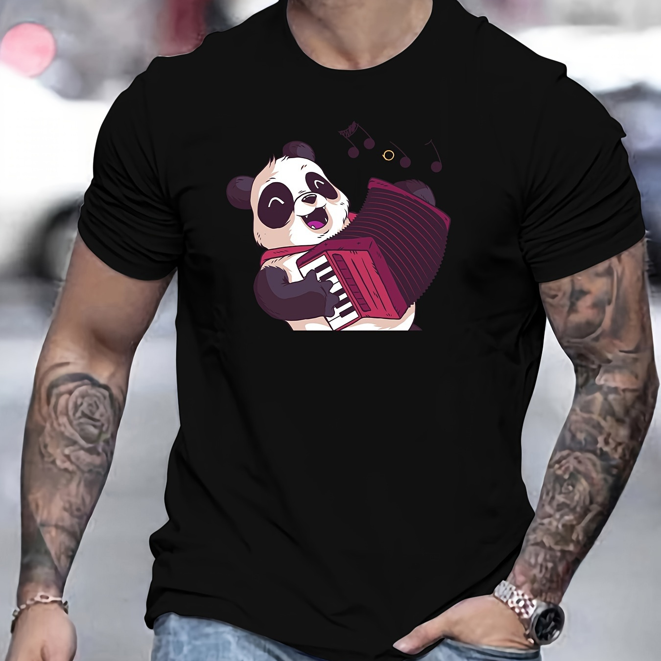 

Cute Panda Playing The Accordion Graphic Print Men's Creative Top, Casual Short Sleeve Crew Neck T-shirt, Men's Clothing For Summer Outdoor