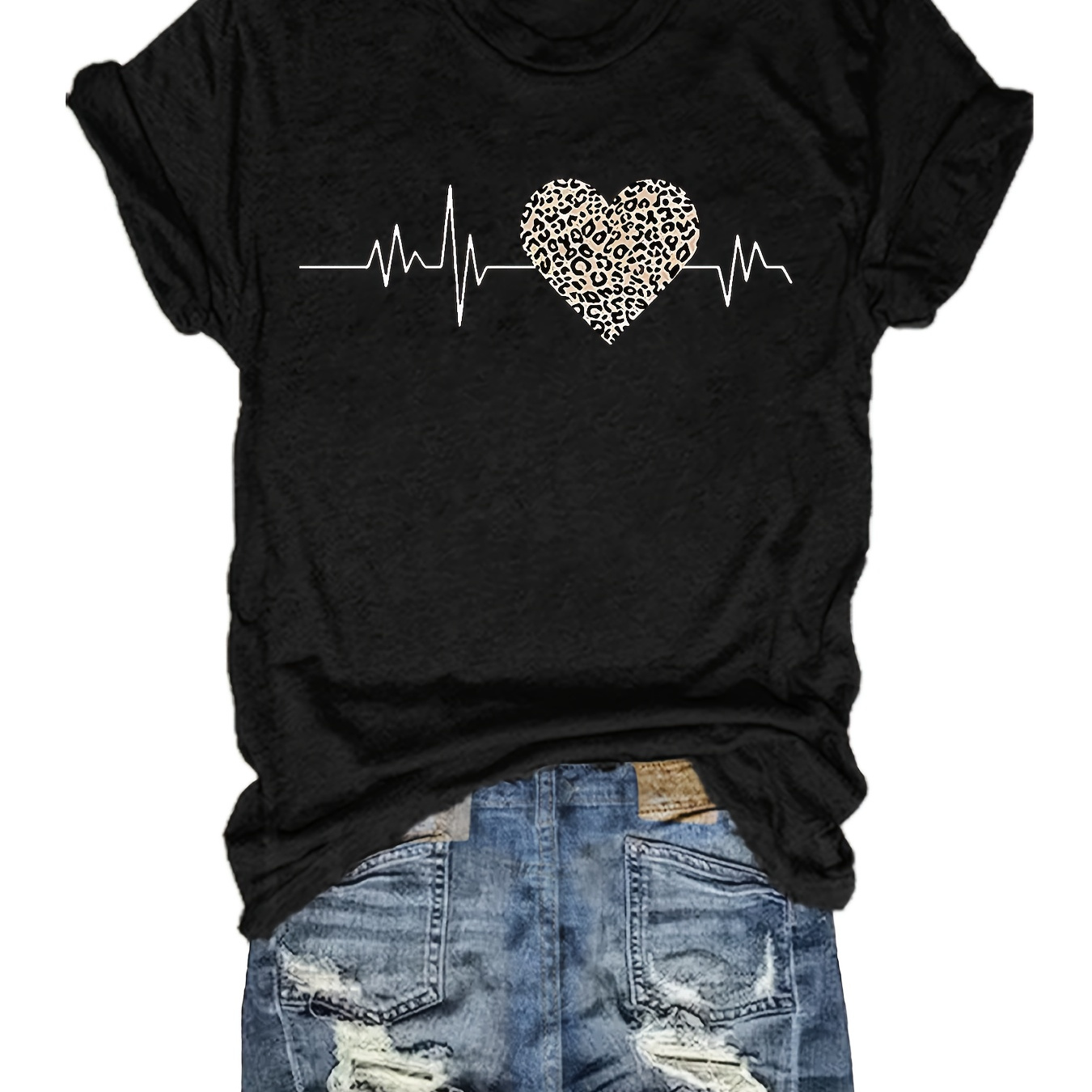 

Leopard Heart & Ekg Print T-shirt, Short Sleeve Crew Neck Casual Top For Summer & Spring, Women's Clothing