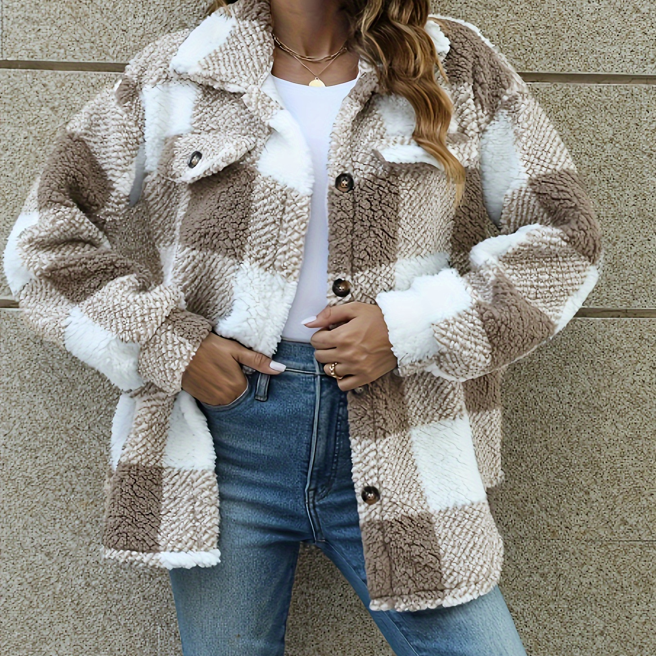 

Plaid Pattern Teddy Coat, Casual Button Front Long Sleeve Winter Outerwear, Women's Clothing