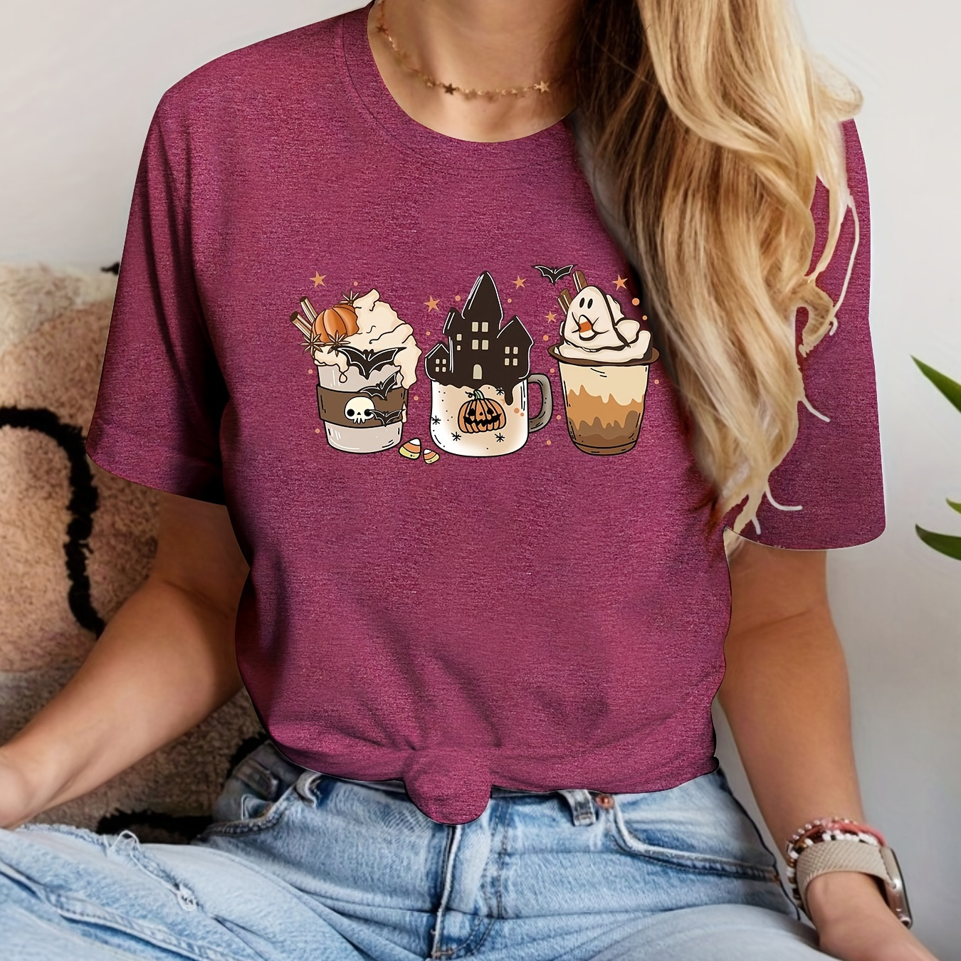 T-shirt Femme Halloween Fantôme Café - Manches Courtes, Motif Mignon, Confortable Et Décontracté