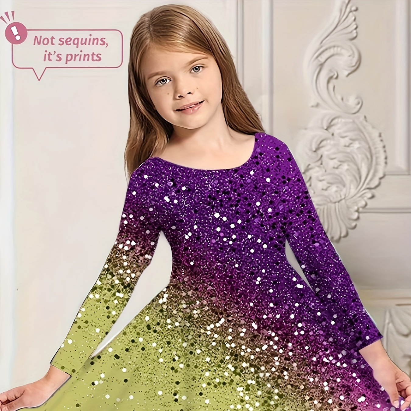 

Sequin Print Long Sleeve Crew Neck Dress Girls Spring Fall Gift