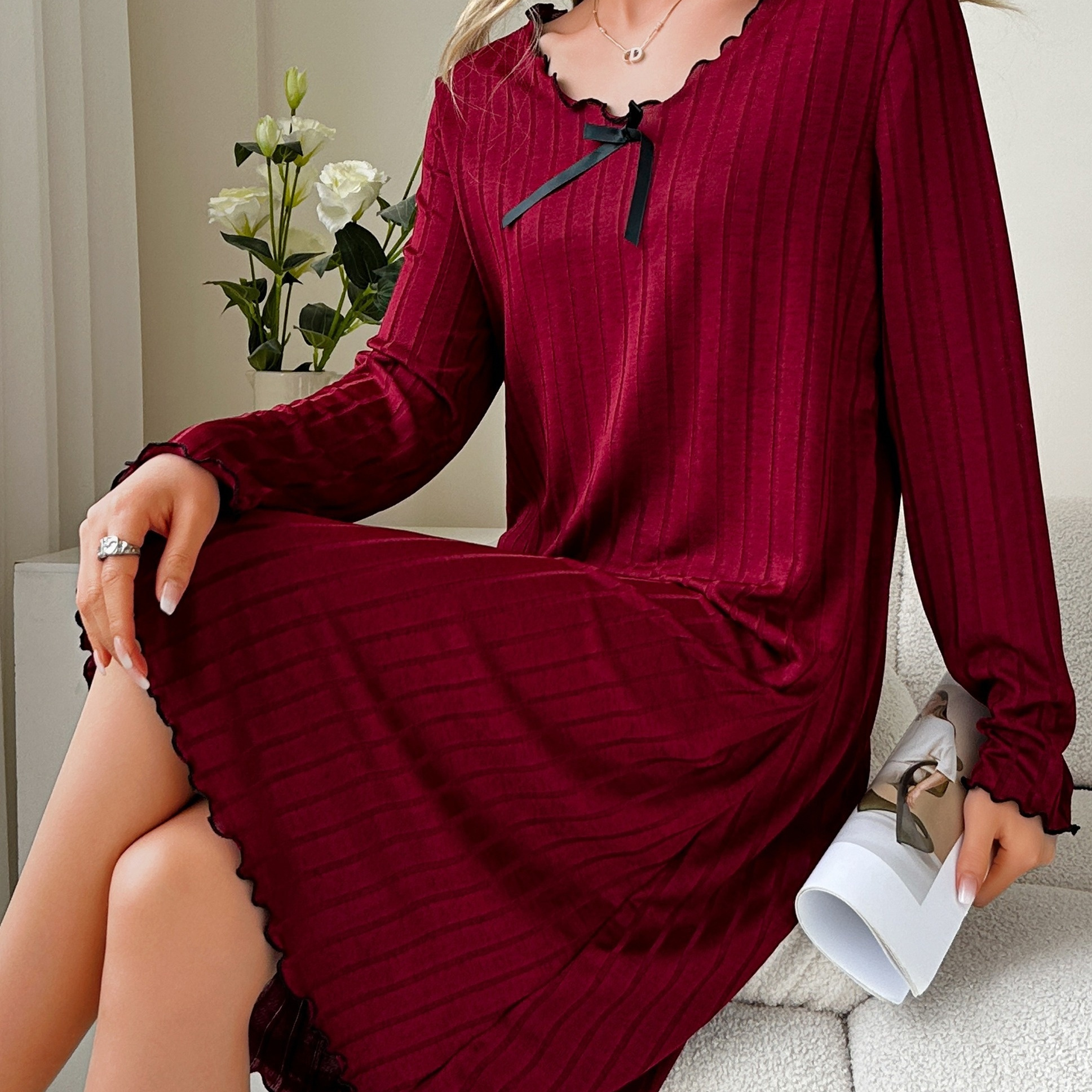 

Solid Ribbed Frill Trim Nightgown, Casual Long Sleeve Bow Decor Round Neck Midi Dress, Women's Sleepwear For Fall/ Winter