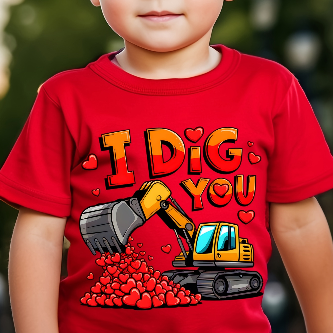 

1pc Chicfull Kids Red Crew Neck T-shirt, " You" Excavator & Hearts Print, Casual Polyester Knit Fabric, Slight Stretch, Regular Fit For Boys - Spring/summer Collection