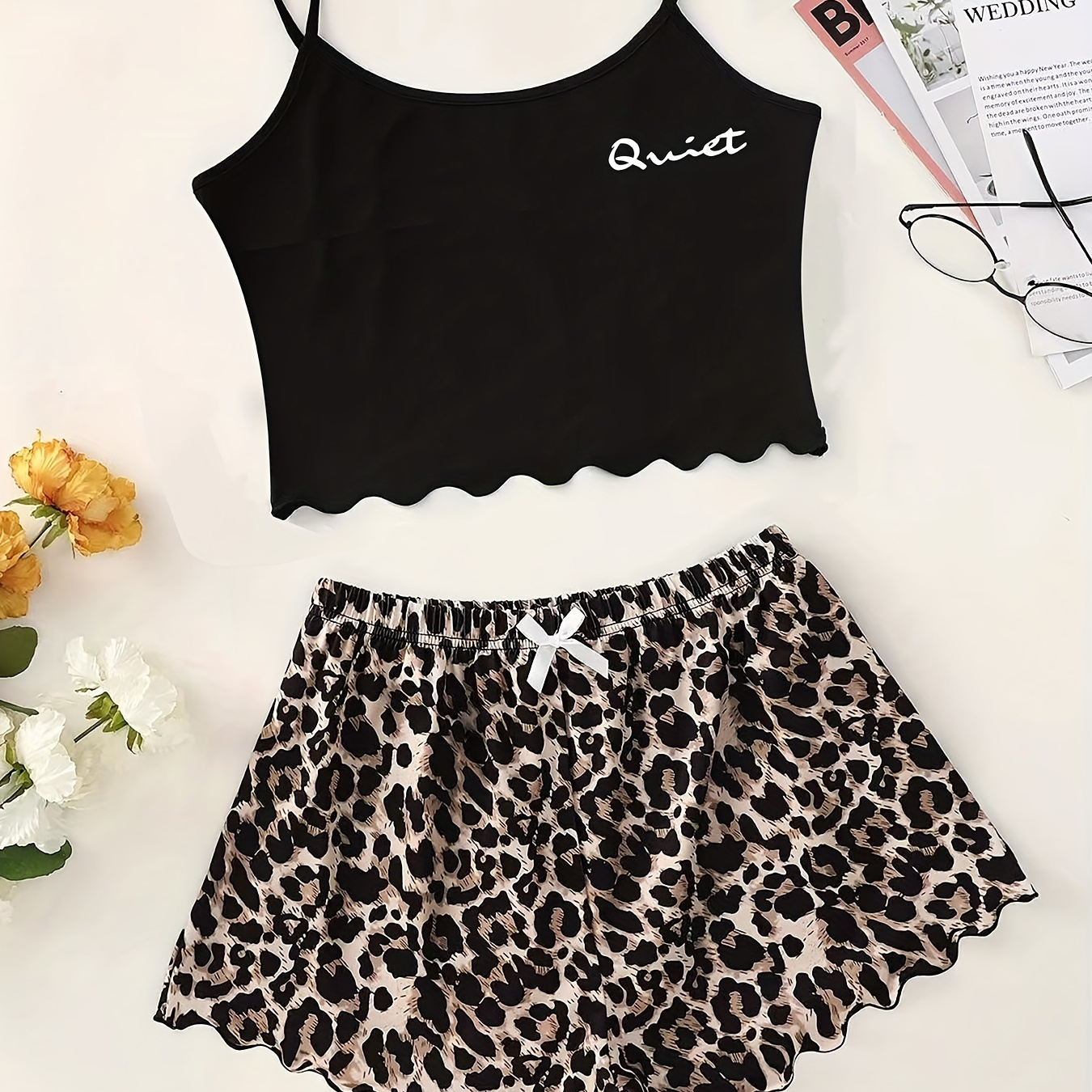 

Women's Leopard & Letter Print Frill Trim Casual Pajama Set, Round Neck Backless Crop Cami Top & Shorts, Comfortable Relaxed Fit, Summer Nightwear