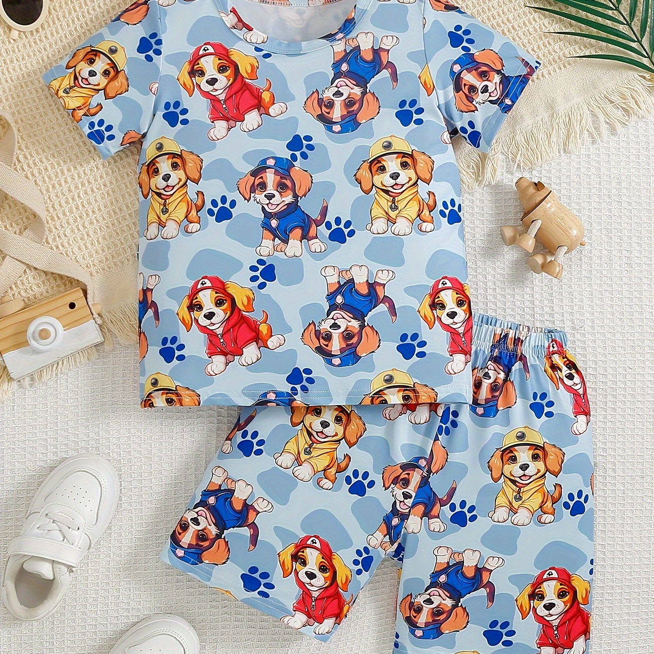 

2pcs Boys Casual Cute Cartoon Puppy Graphic Print Comfortable Versatile Short Sleeve T-shirt & Shorts Set, Cool, Lightweight And Comfy Summer Clothes