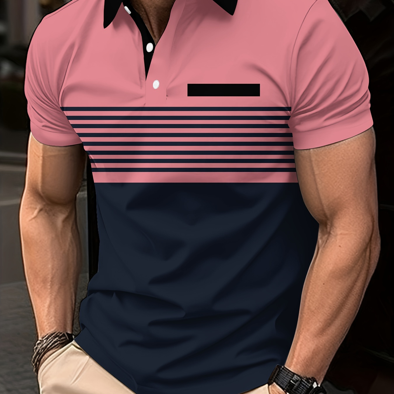 

Men's Summer Shirt - Casual & Sporty, Striped Print With Detail, Short Sleeve, Button-up Collar, Breathable Polyester Fabric