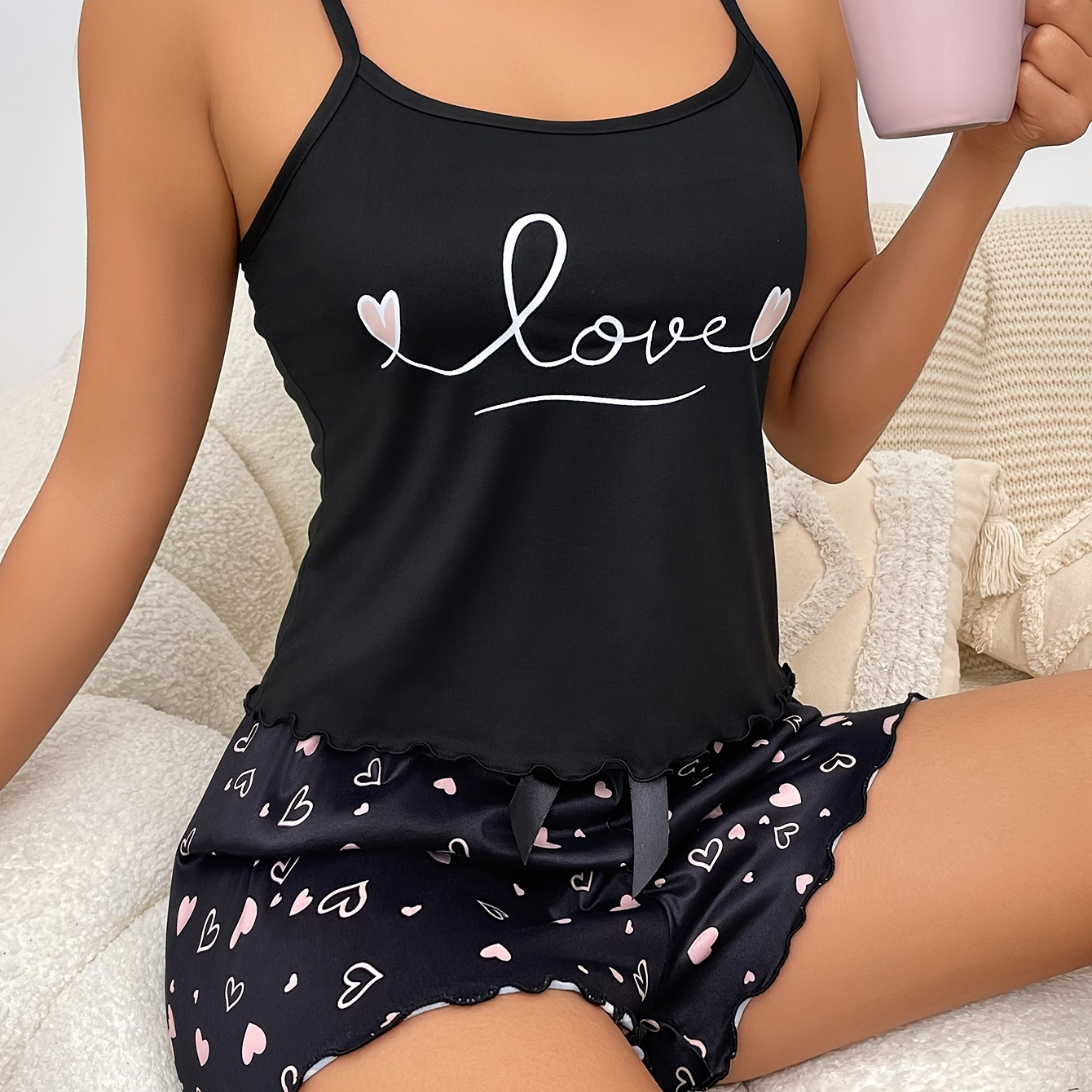

Heart & Letter Print Lettuce Trim Pajama Set, Casual Round Neck Backless Cami Top & Bow Shorts, Women's Sleepwear