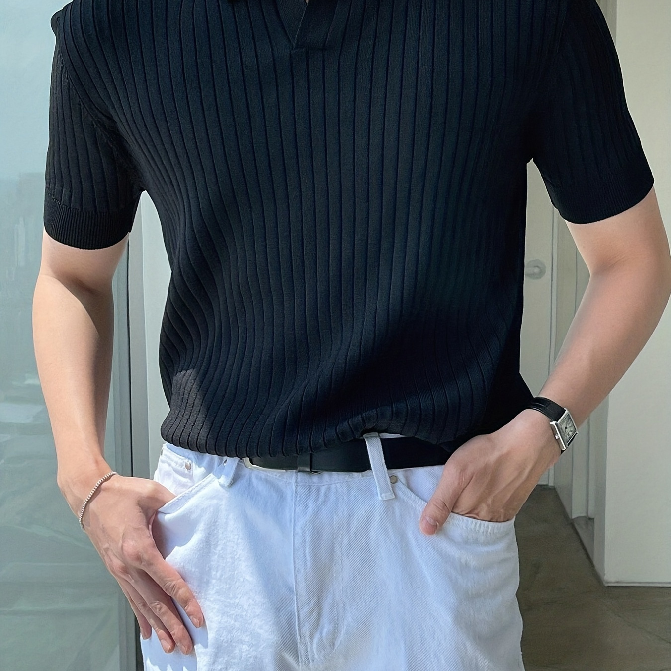 

Knitting Short Sleeve Shirts, V-neck Button Up Casual Tops, Men's Clothing