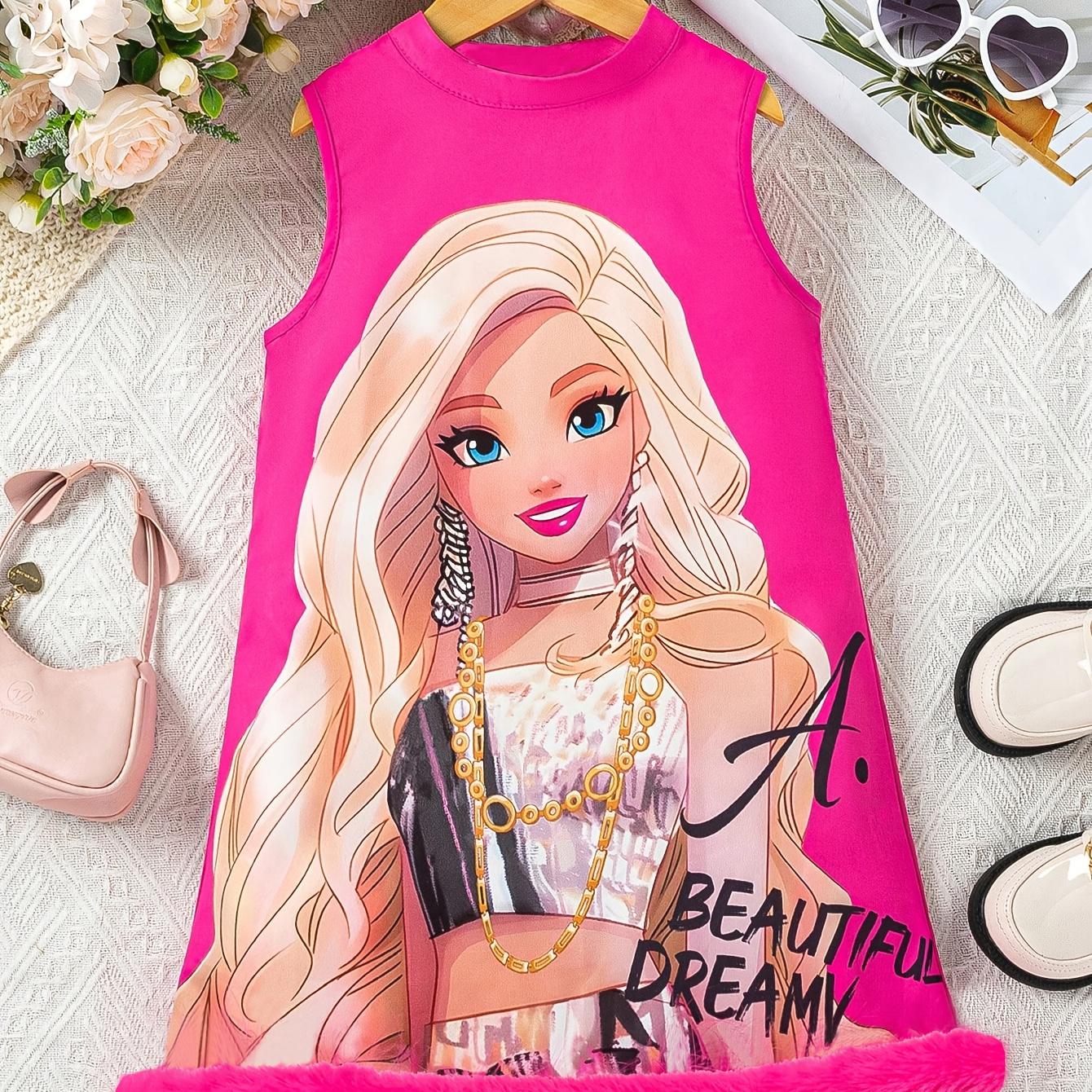 

Beautiful Cartoon Girl Print Crew Neck Sleeveless Dress For Girls Summer Gift Holiday