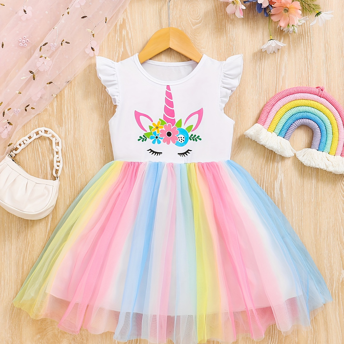 

Cute Girl's Unicorn Cartoon Dress With Flutter Sleeves And Fluffy Rainbow Tulle Party Cute Tutu Dress For Girls